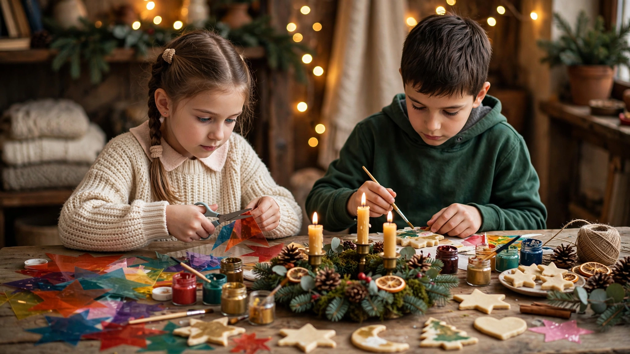 Kinder basteln im Advent am Tisch mit Transparentpapier, Salzteig und Weihnachtsdeko
