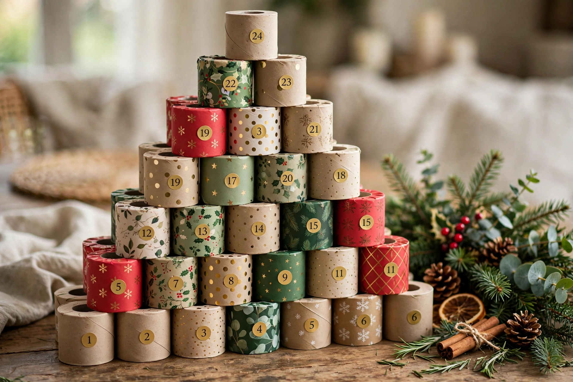 Adventskalender aus Toilettenpapierrollen: Upcycling trifft Vorfreude – nachhaltig und individuell befüllbar.