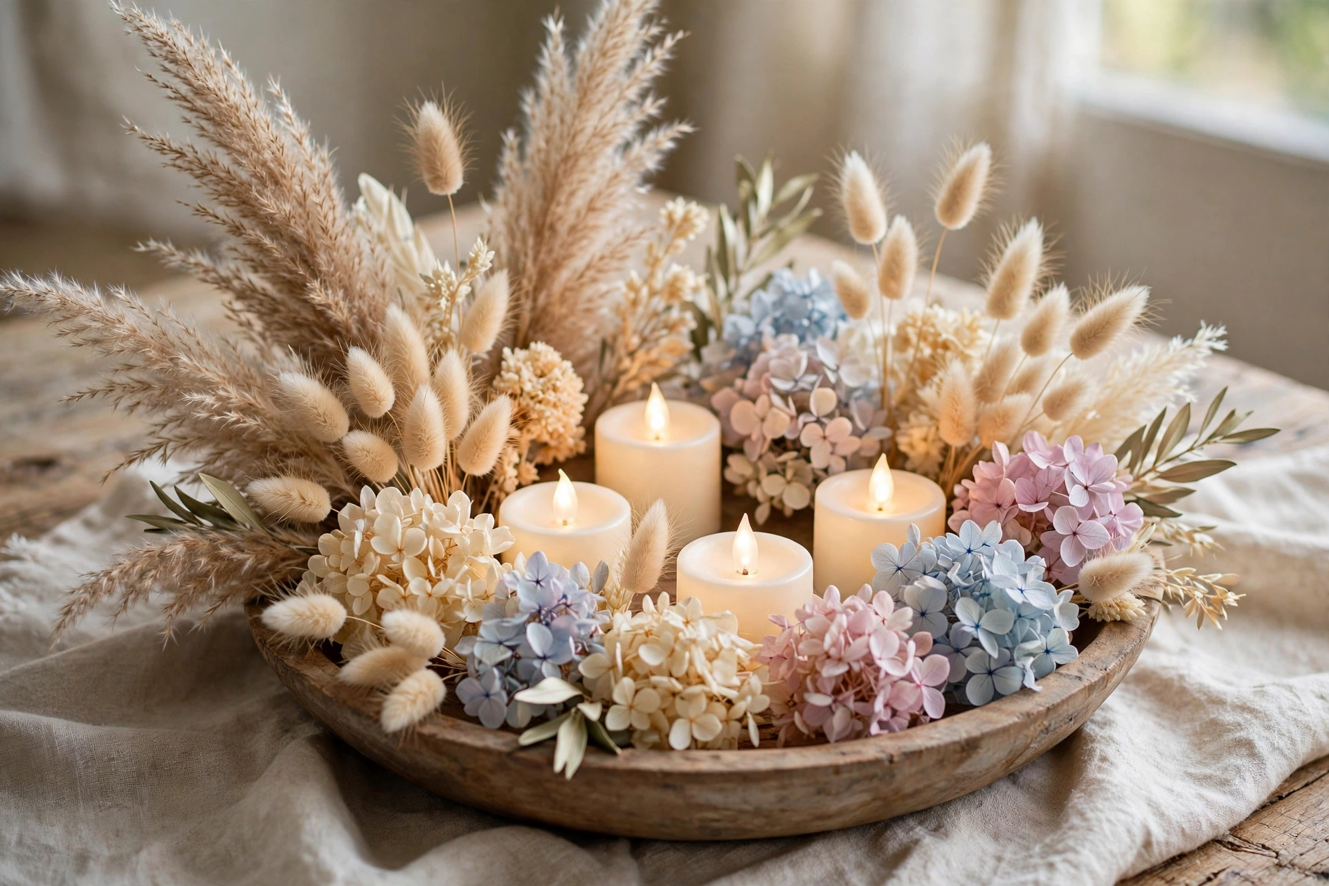 Boho-Adventsgesteck mit Pampasgras und LED-Kerzen