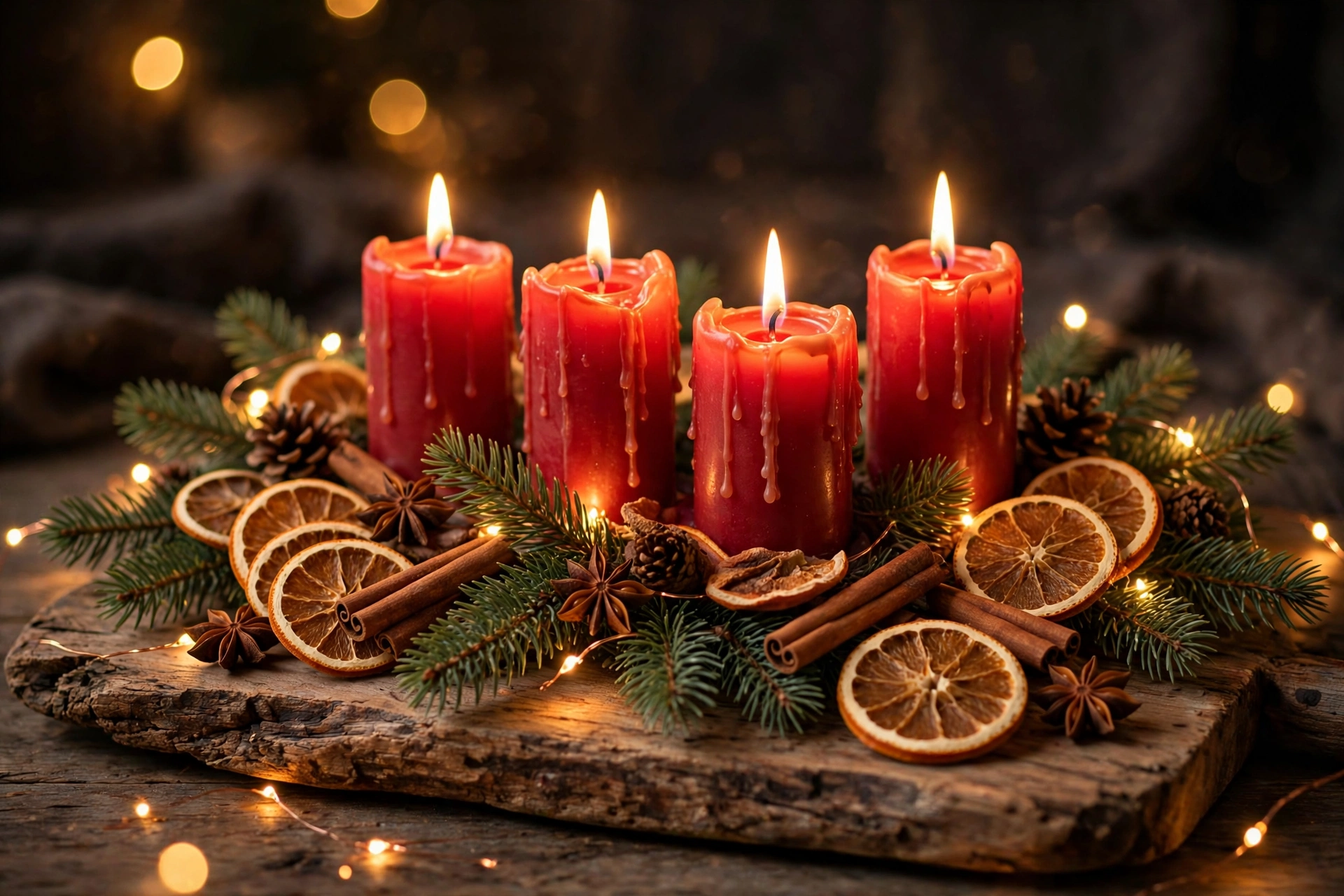 Adventsgesteck mit getrockneten Orangenscheiben und Zimtstangen