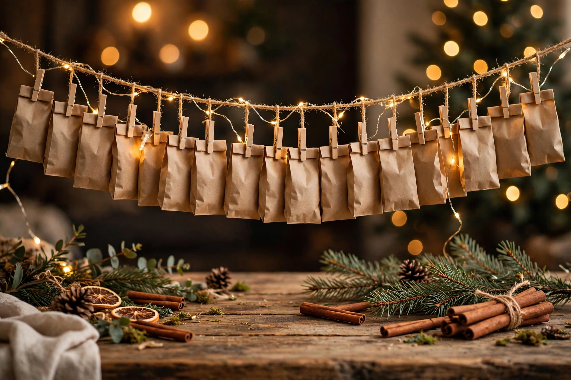 Selbst gebastelter Adventskalender aus Papiertüten an einer Schnur mit Lichterkette
