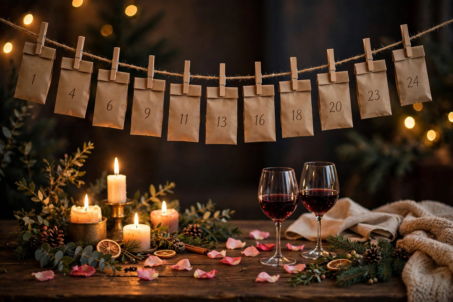 Eleganter Adventskalender für den Partner mit Kerzen und kleinen Geschenken im warmen Licht