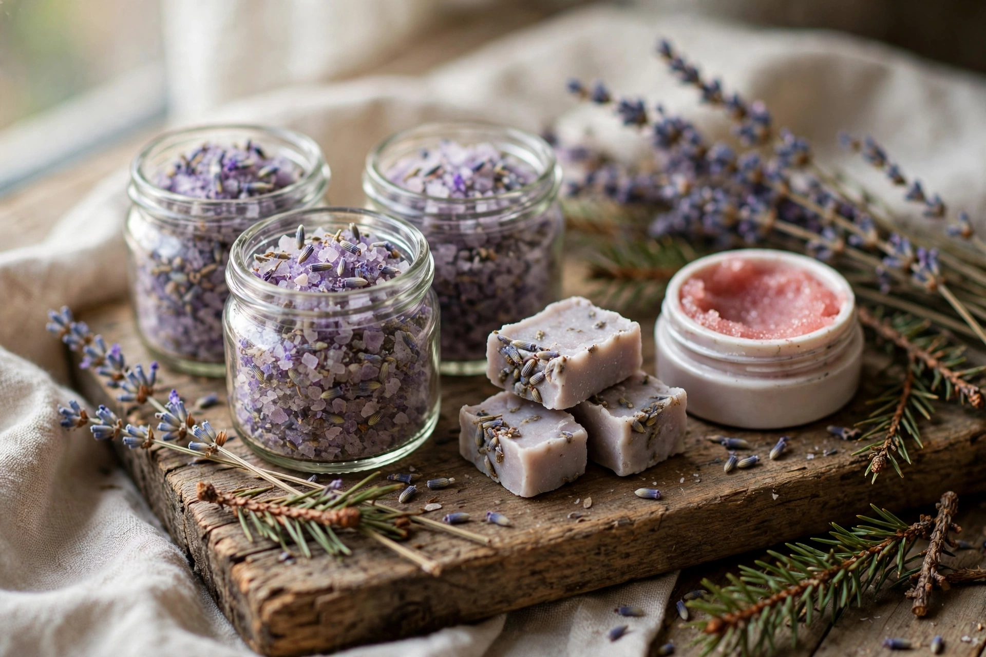 Selbstgemachte Wellness-Türchen: Badesalz in Glasröhrchen, Gesichtsmaske und Lippenpeeling