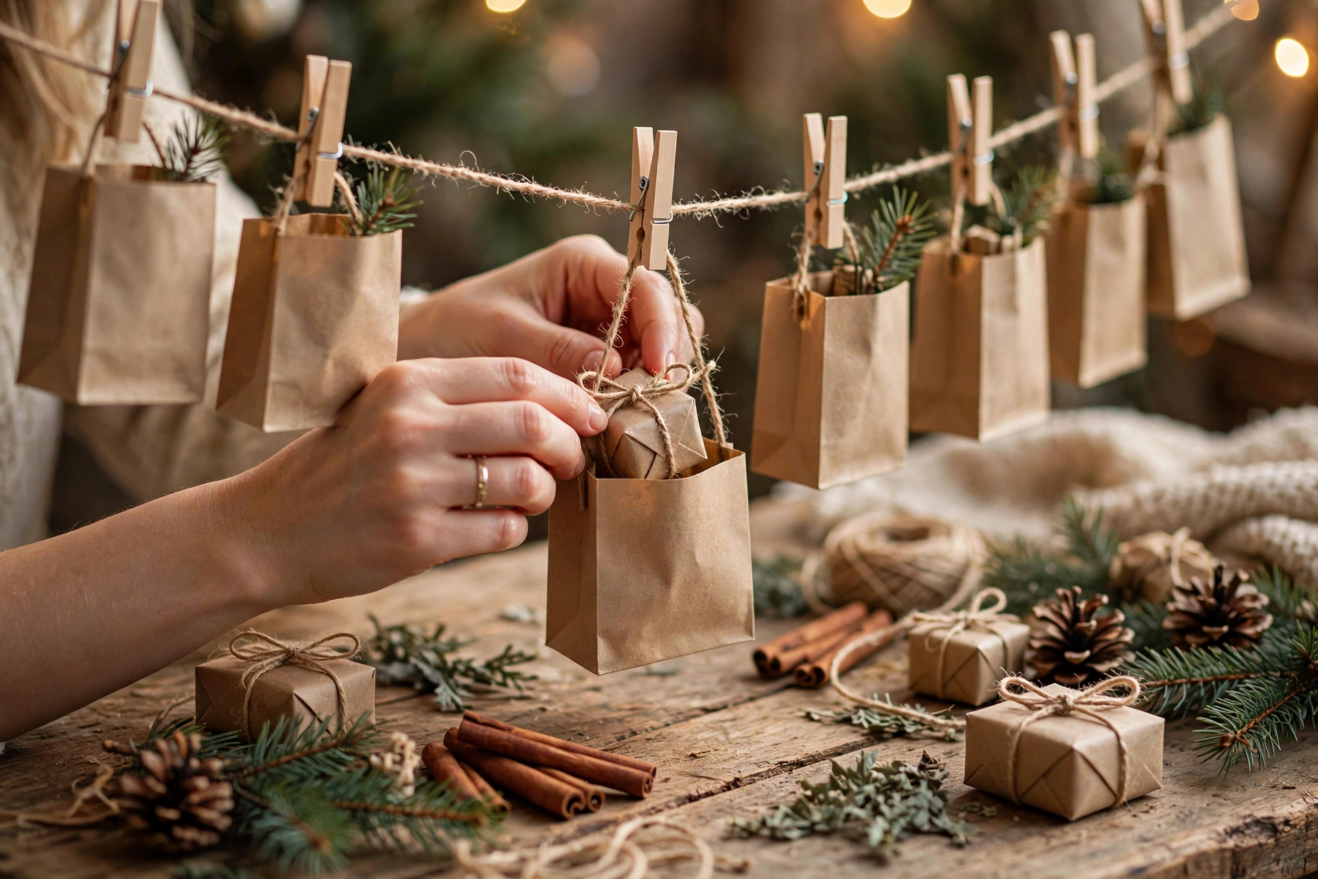 Hände befüllen einen selbst gebastelten Adventskalender aus Papiertütchen an einer Schnur