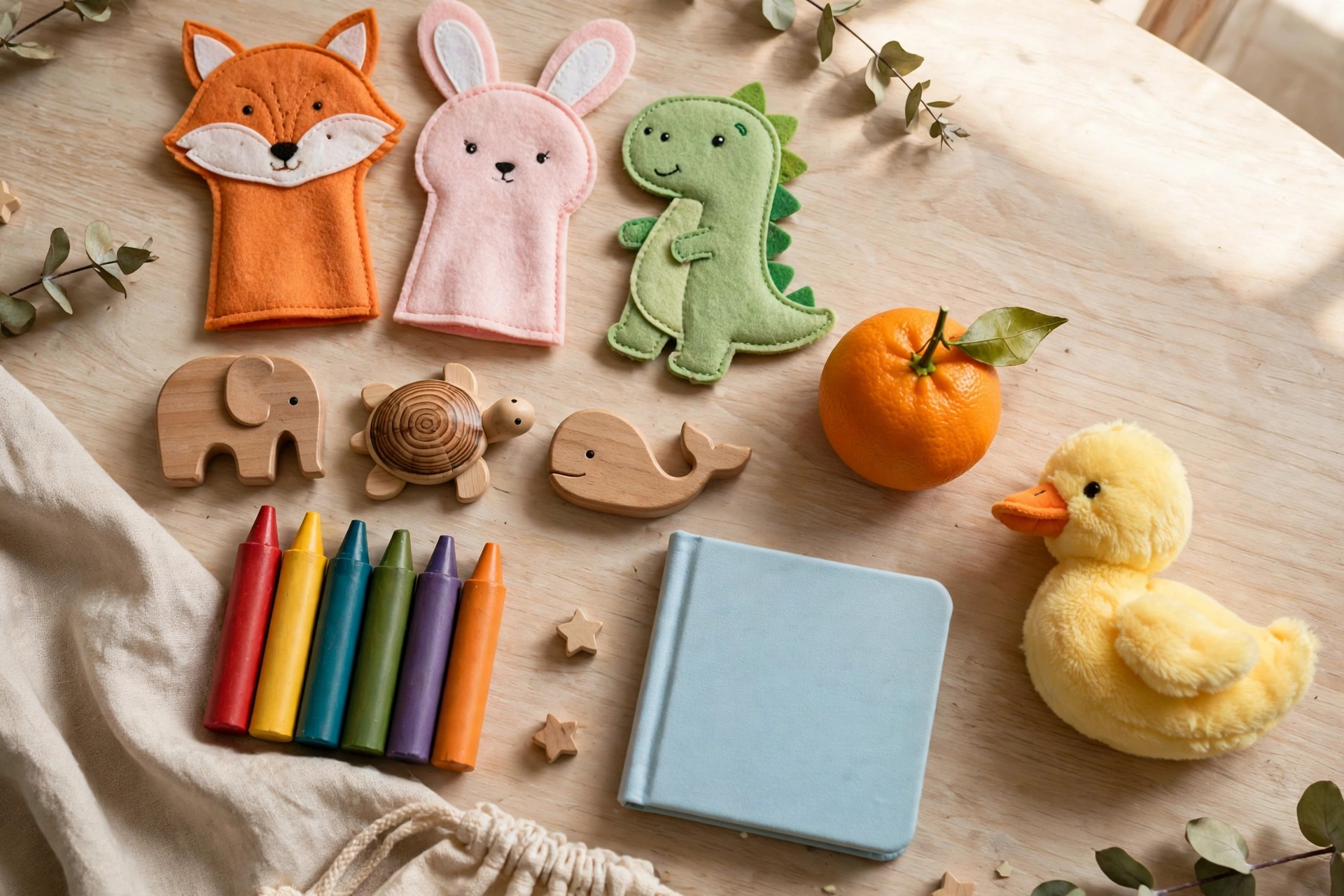 Kindgerechte Füllideen für Kleinkinder: Fingerpuppen, Holzspielzeug, Wachsmalkreiden und Mandarine