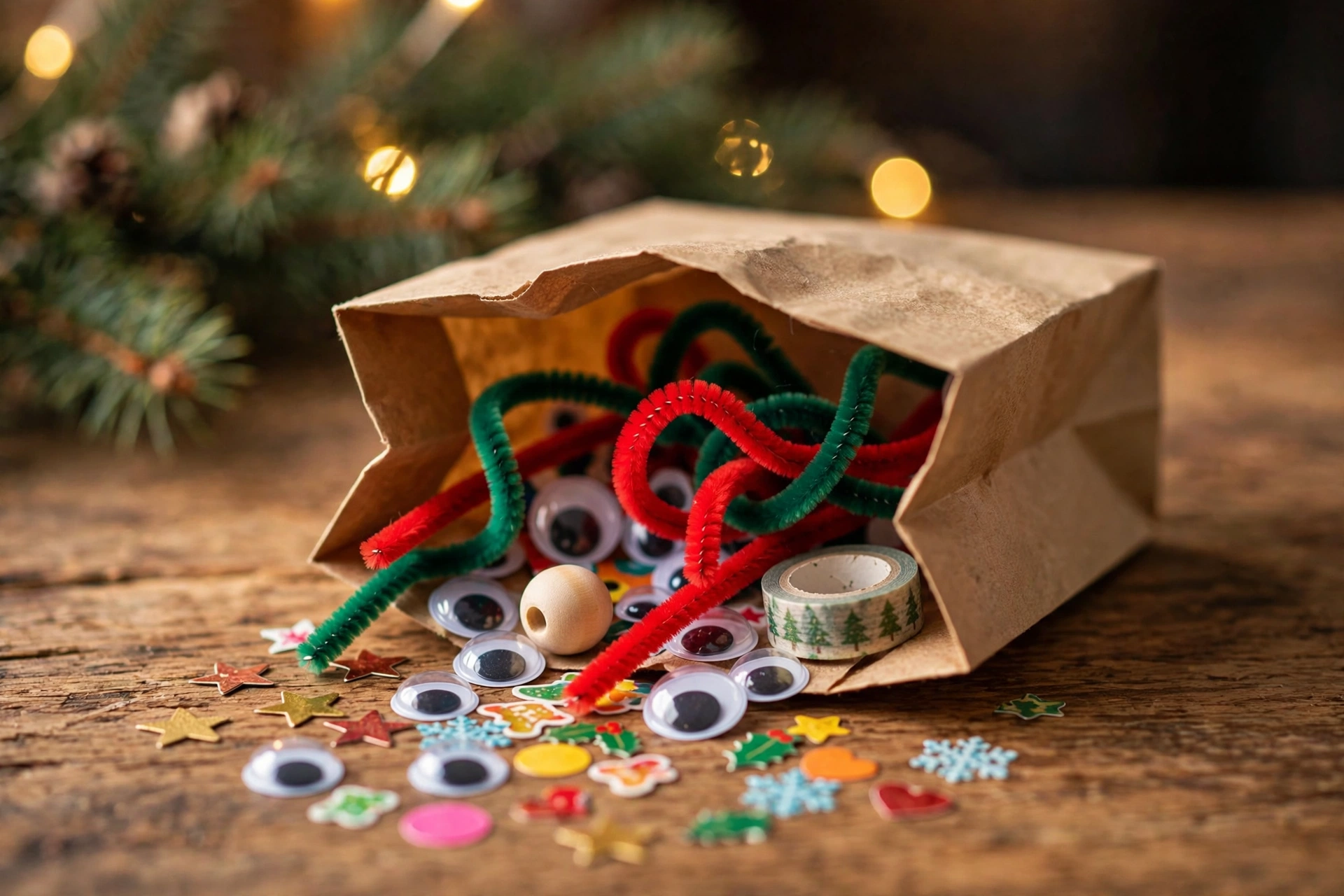 Selbst zusammengestelltes Mini-Bastelset mit Pfeifenreinigern, Wackelaugen und Washi-Tape in einer Papiertüte