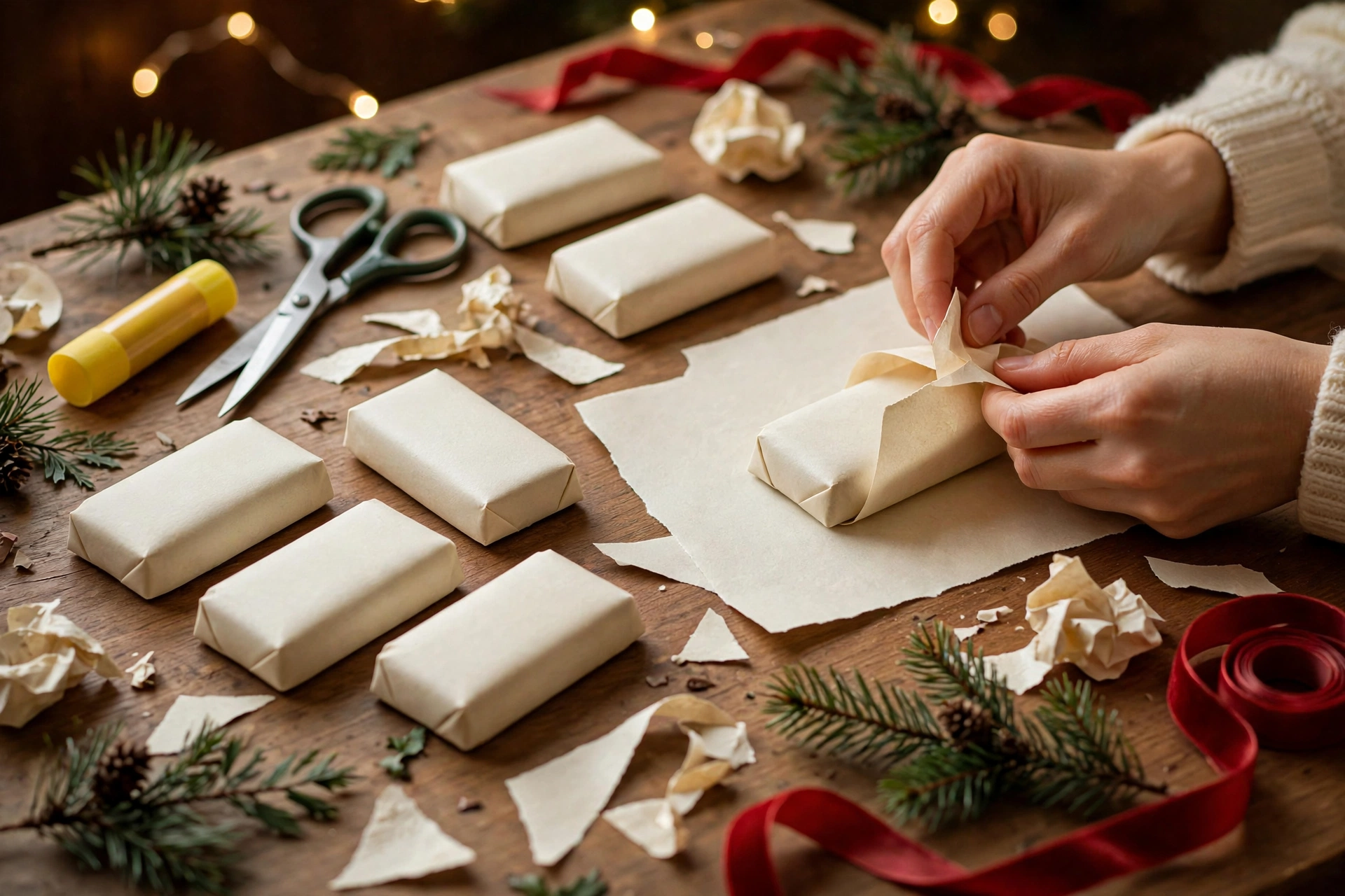 Hände wickeln eine Papierbanderole um kleine Schokoriegel für einen Mini-Adventskalender