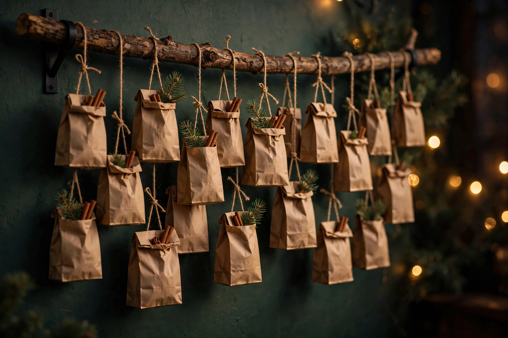 Rustikaler Adventskalender für Männer aus Kraftpapier-Säckchen mit Juteschnur und Holzzahlen