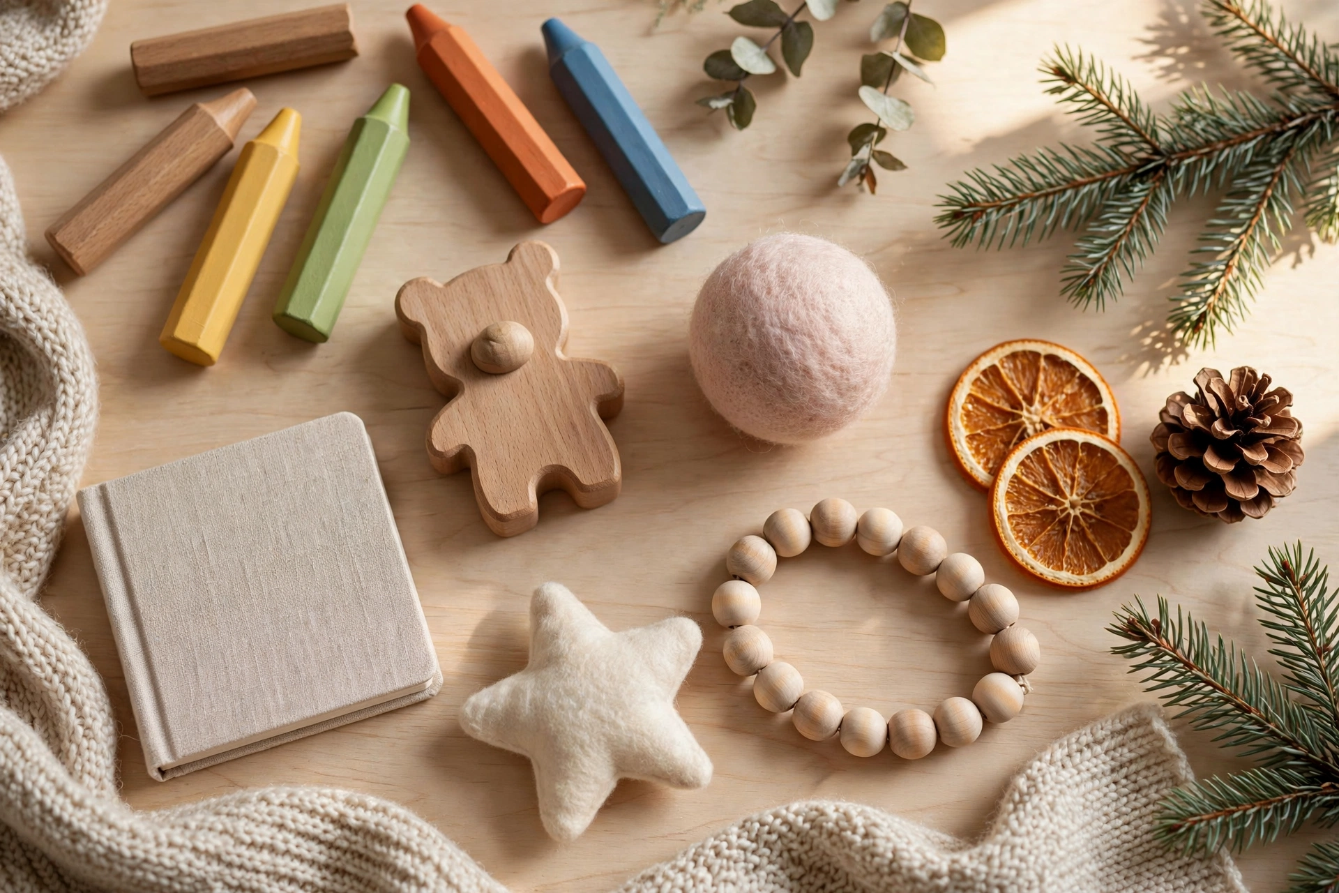 Sanfte Füllideen für den Kleinkinder-Adventskalender: Wachsmalstifte, Holzspielzeug, Filzstern und Buch