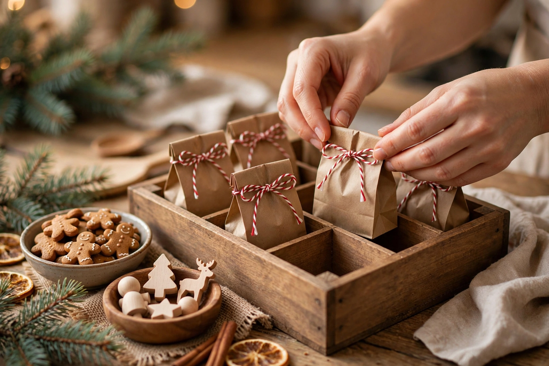Hände befüllen Papiertüten für einen selbstgebastelten Adventskalender mit Keksen und Holzfiguren