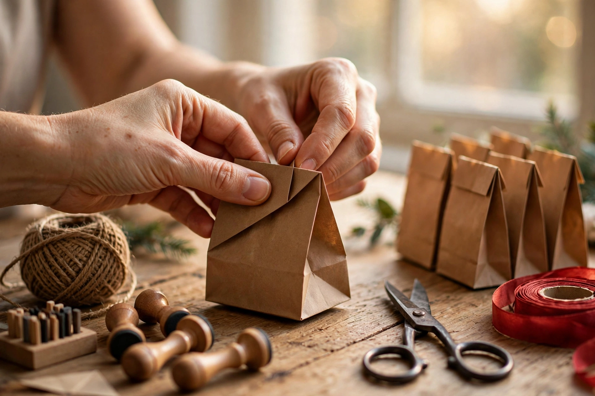 Hände basteln Papiertüten für einen DIY-Adventskalender