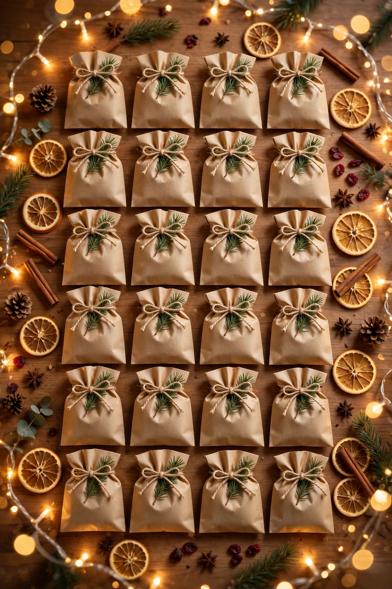 Selbst gebastelter Adventskalender aus Papiertüten an einer Schnur mit Lichterkette