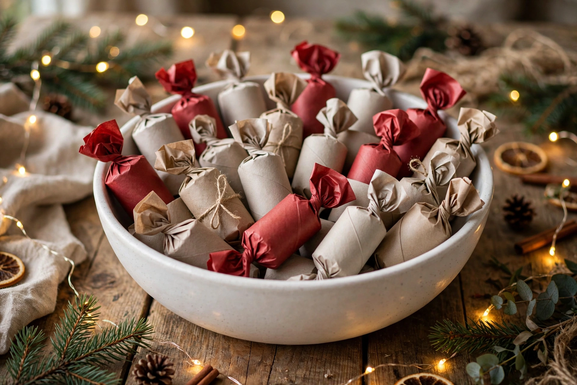 Adventskalender aus Toilettenpapierrollen, als Bonbons verpackt