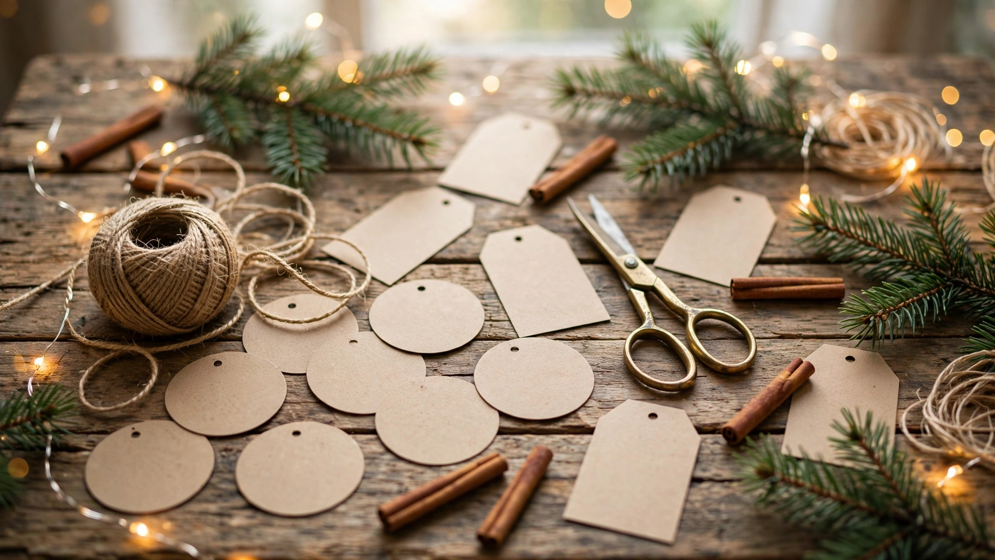 Selbst ausgedruckte Adventskalender-Zahlen als Anhänger an Kraftpapiertüten auf einem weihnachtlich dekorierten Basteltisch