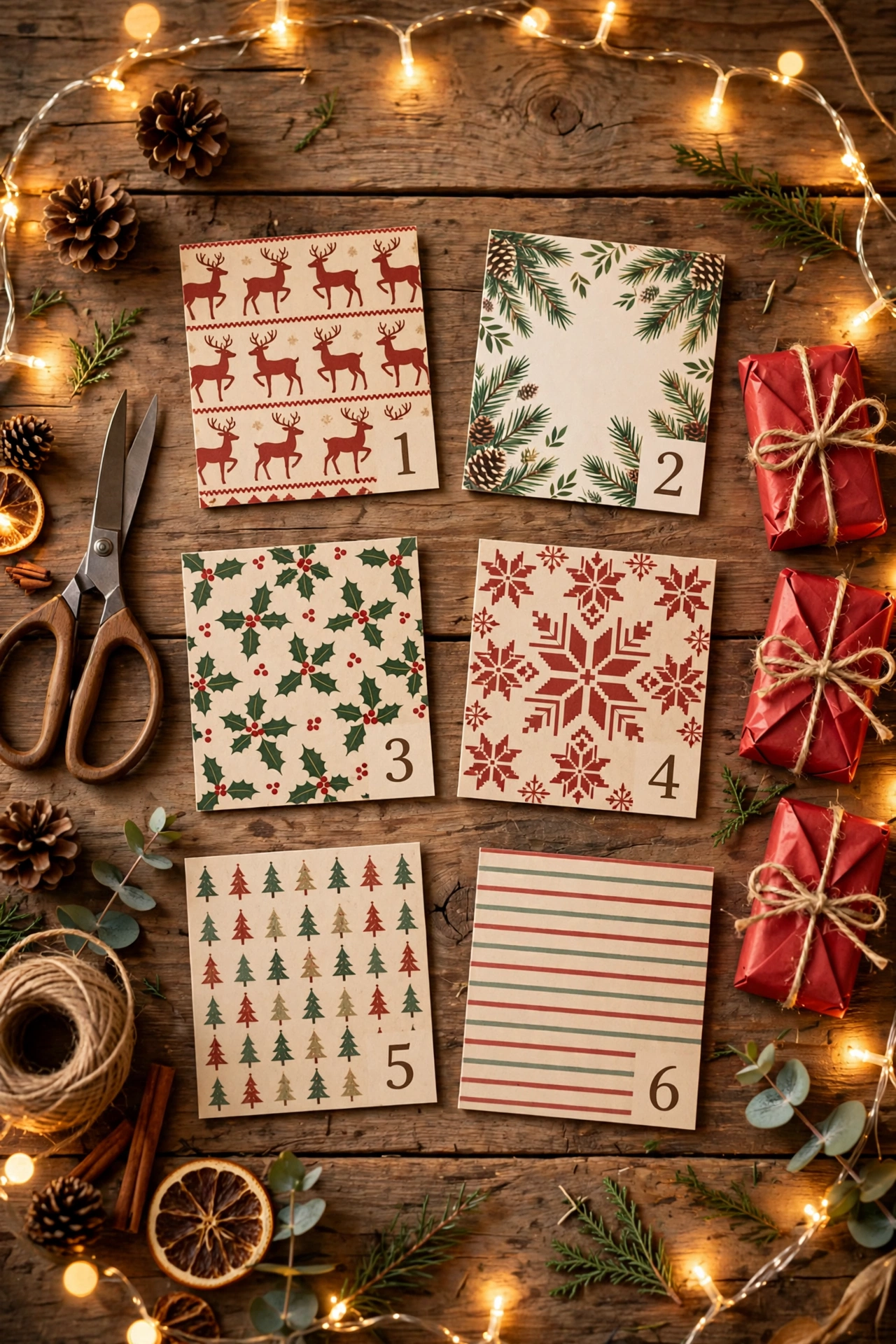 Ausgedruckte Adventskalender-Vorlagen mit Zahlen, Schere und Schokoriegeln auf einem Holztisch