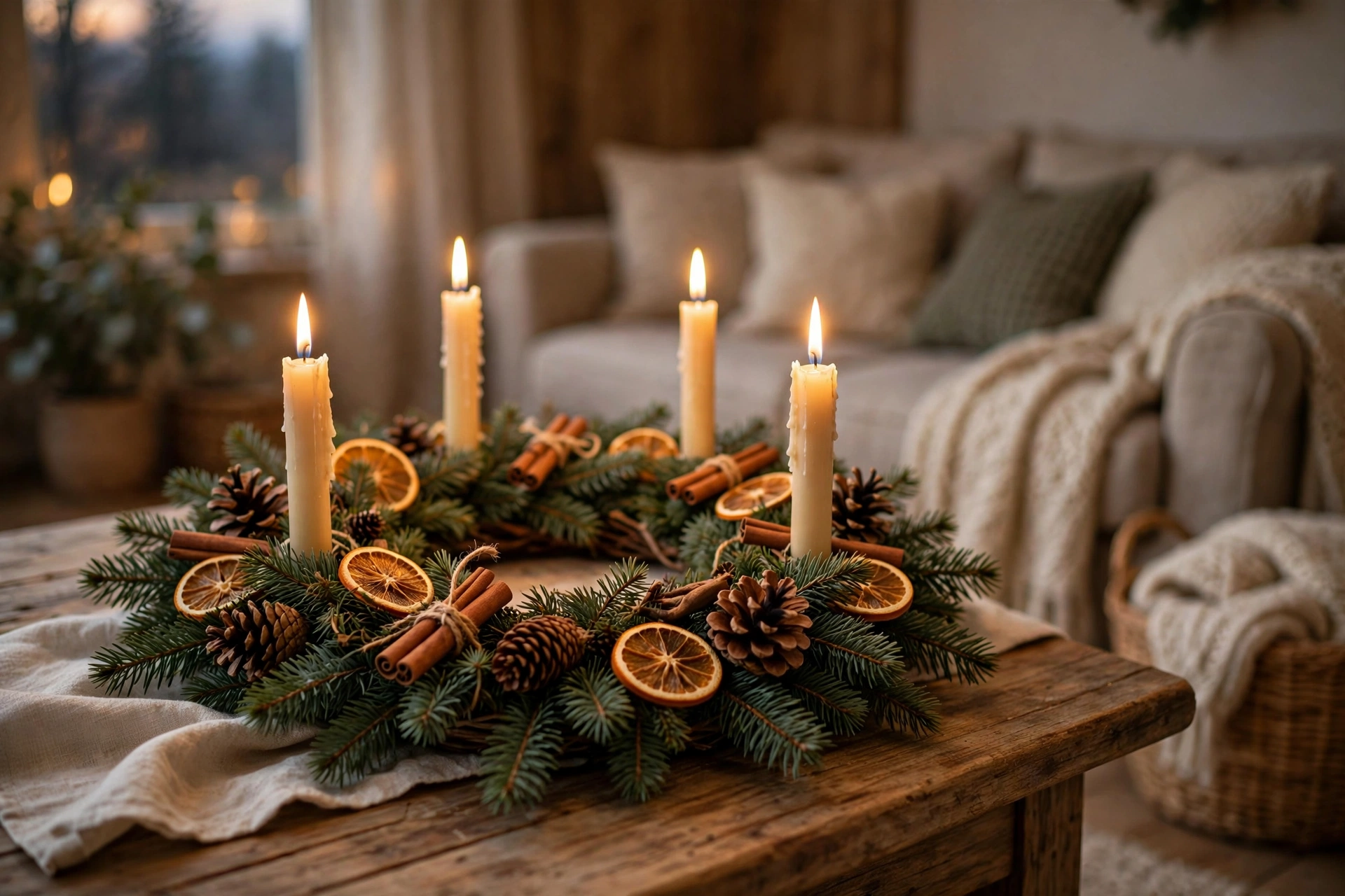 Selbstgebastelter Adventskranz aus Tannengrün mit vier brennenden Kerzen, Orangenscheiben und Zimtstangen auf einem Holztisch