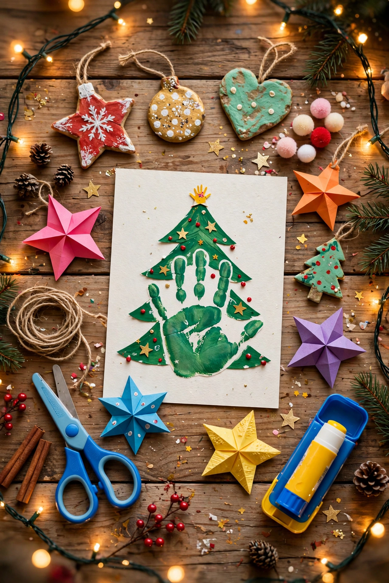 Mutter und Kind basteln gemeinsam Weihnachtssterne aus Papier am Holztisch