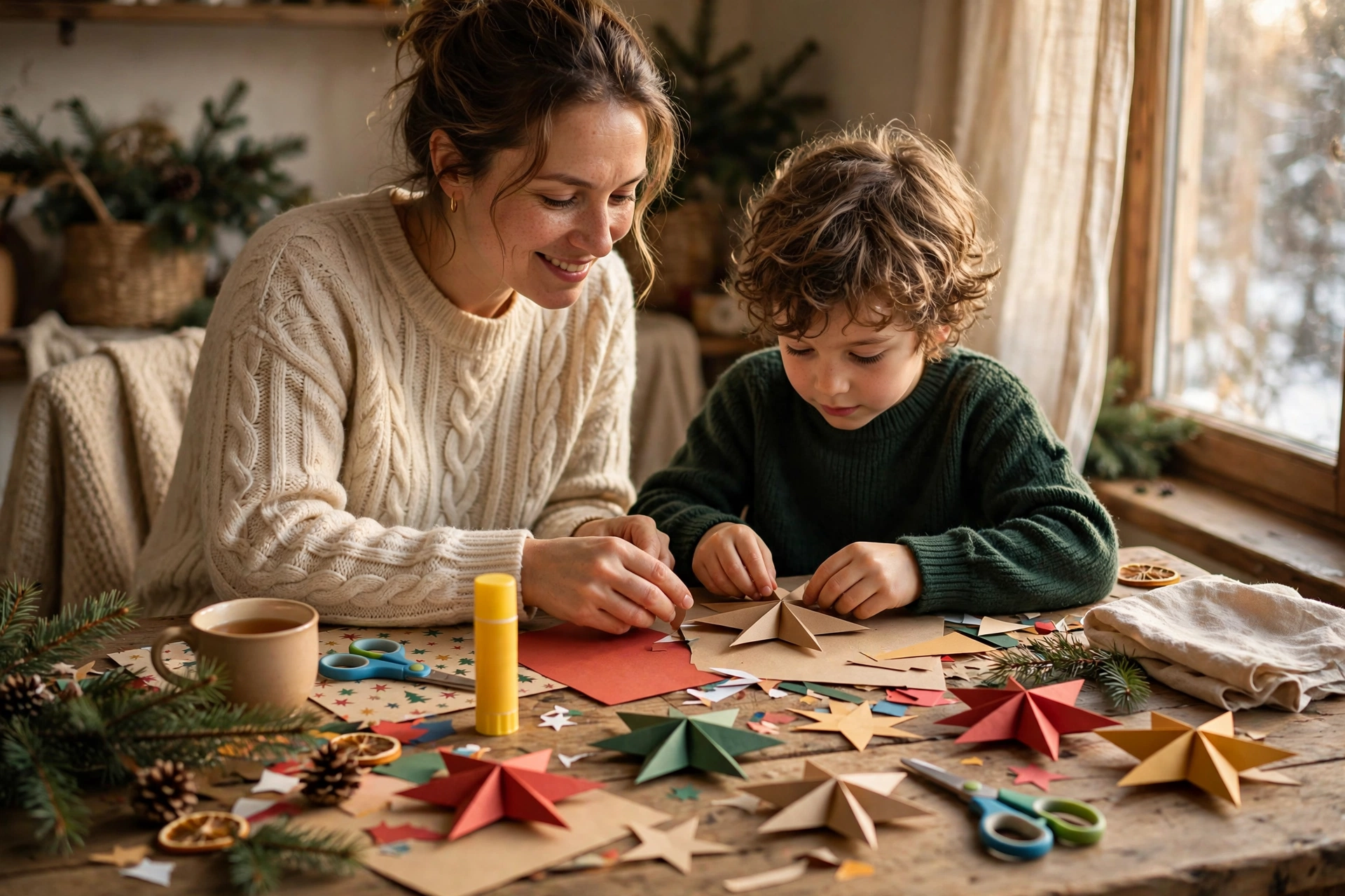 Mutter und Kind basteln gemeinsam Weihnachtssterne aus Papier am Holztisch