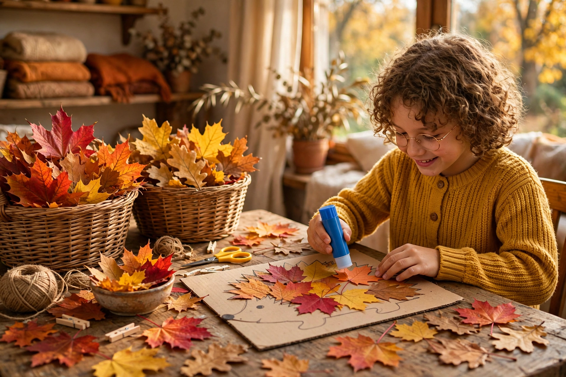Kind klebt bunte Herbstblätter zu einem Igel-Bild – Herbstblätter basteln mit Kindern