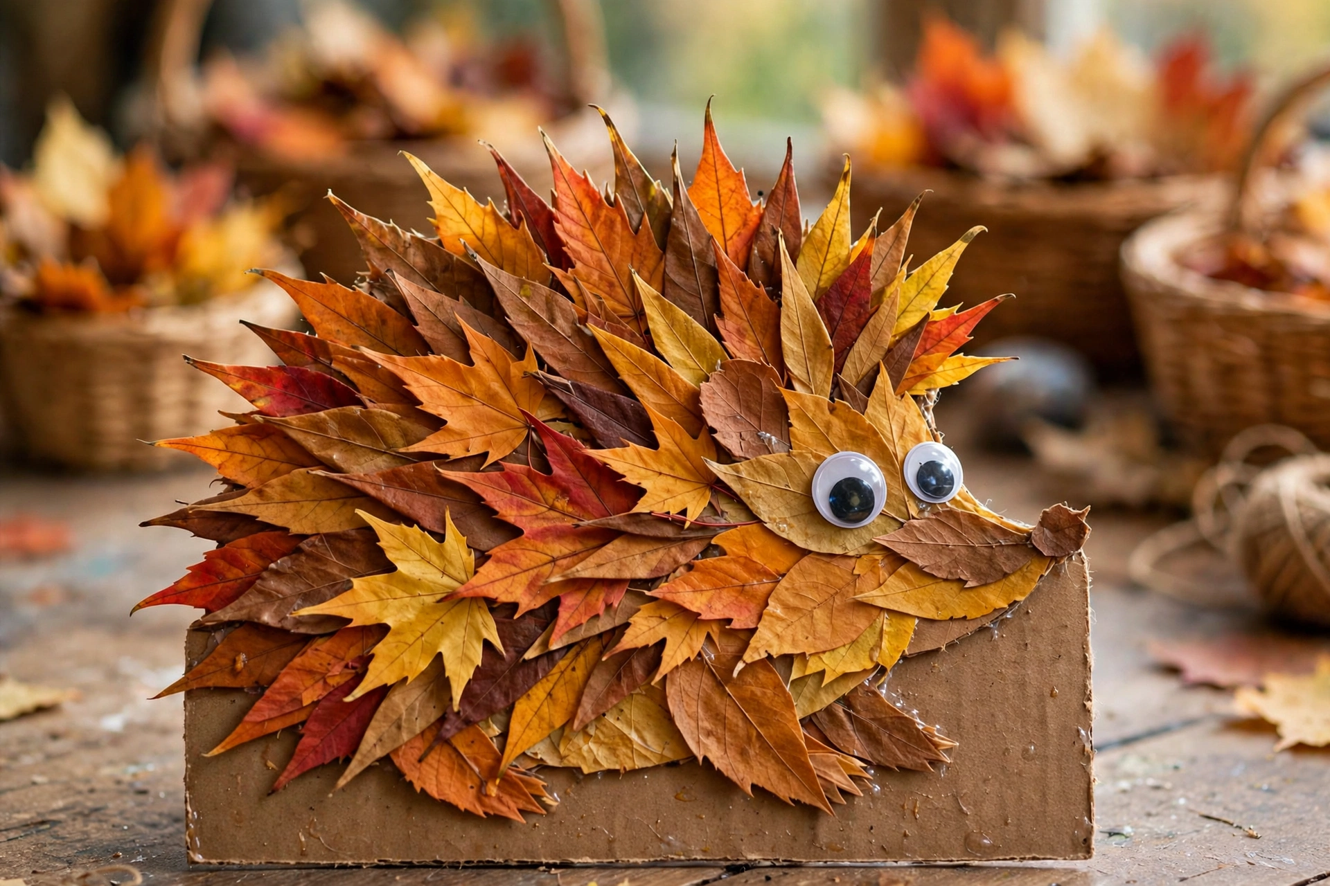 Blätterigel aus buntem Herbstlaub auf Tonkarton geklebt