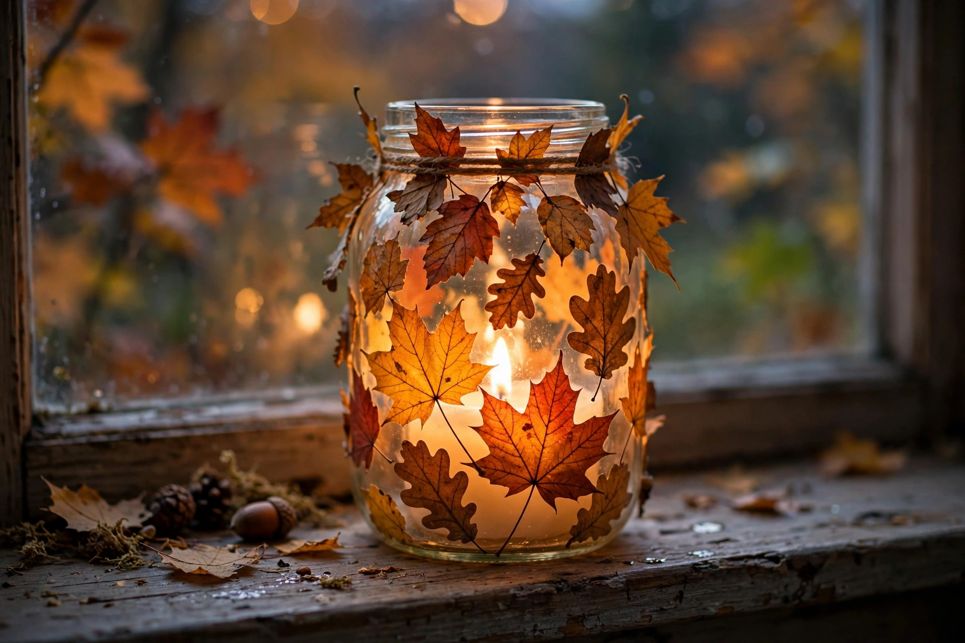Leuchtendes Windlicht aus Glas mit aufgeklebten Herbstblättern