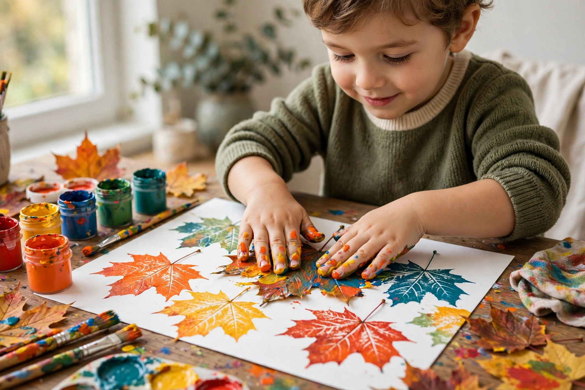 Kind drückt ein bemaltes Herbstblatt als Stempel auf Papier