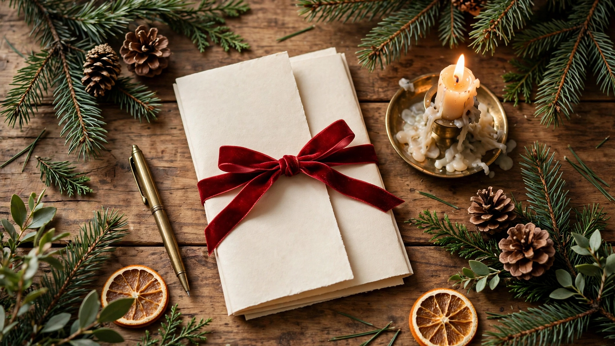 Festliches Weihnachtsbriefpapier mit handgeschriebenem Brief und Kerze