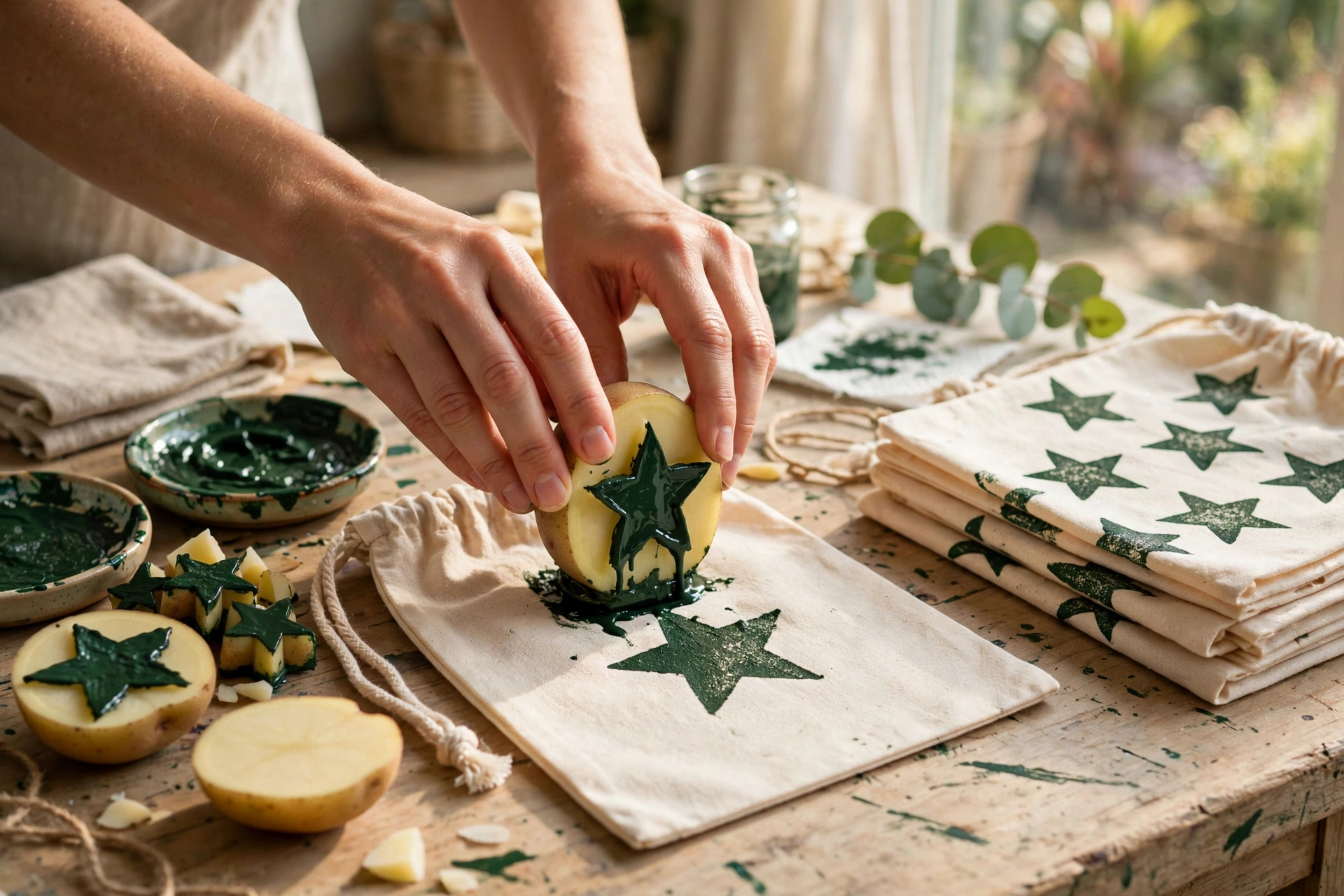 diy geschenke kartoffeldruck beutel