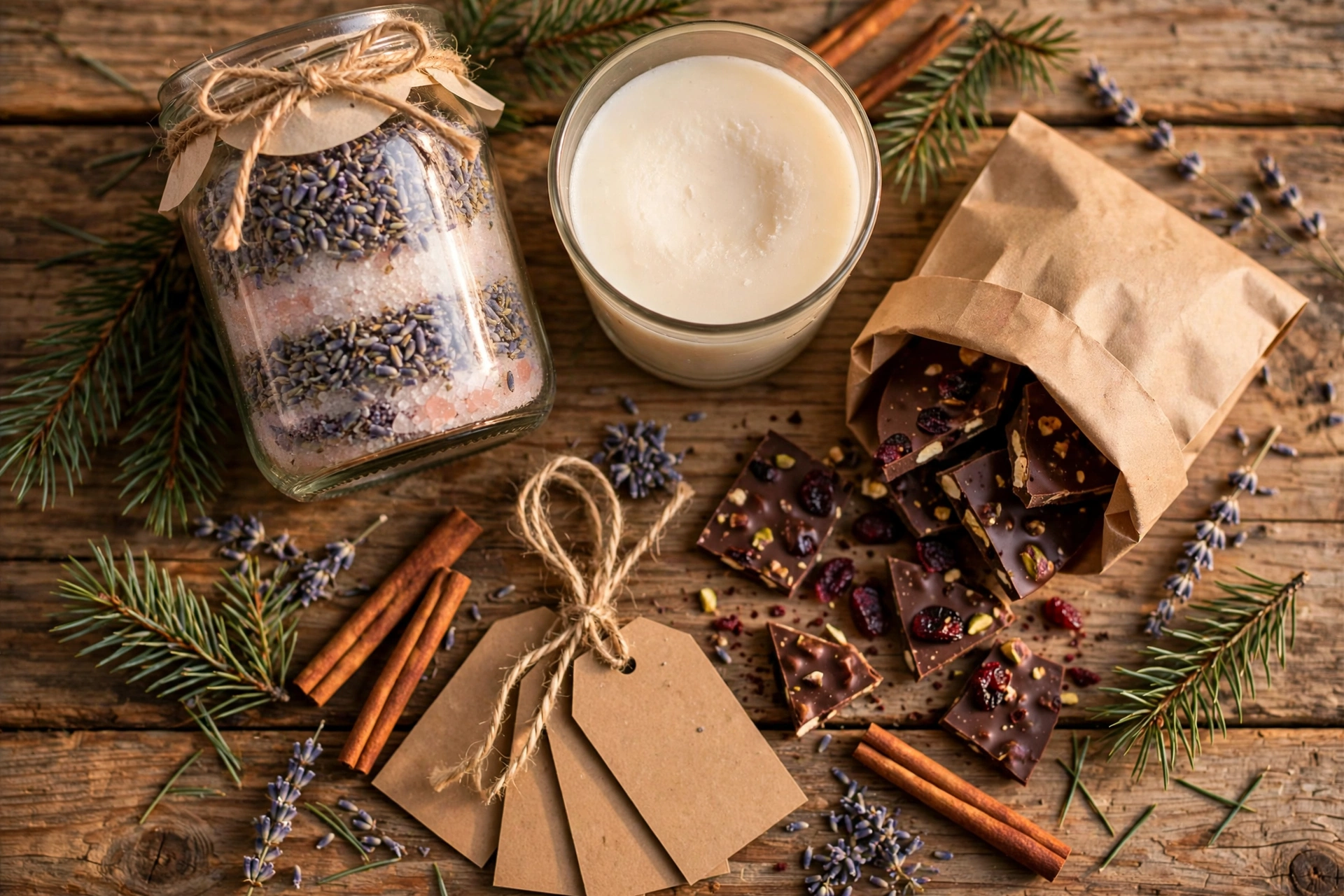 Selbst gemachte Weihnachtsgeschenke: Badesalz, Duftkerze und Bruchschokolade in hübscher Verpackung