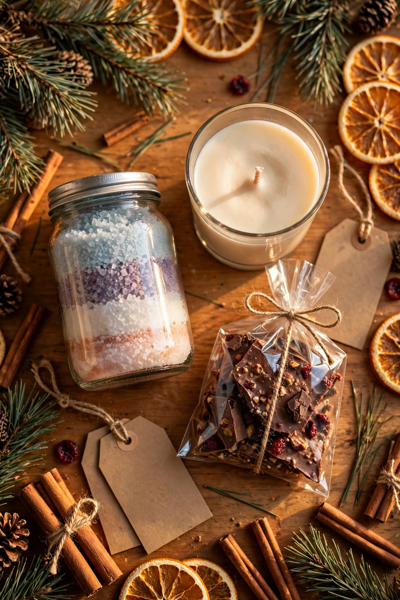 Selbst gemachte Weihnachtsgeschenke: Badesalz, Duftkerze und Bruchschokolade in hübscher Verpackung