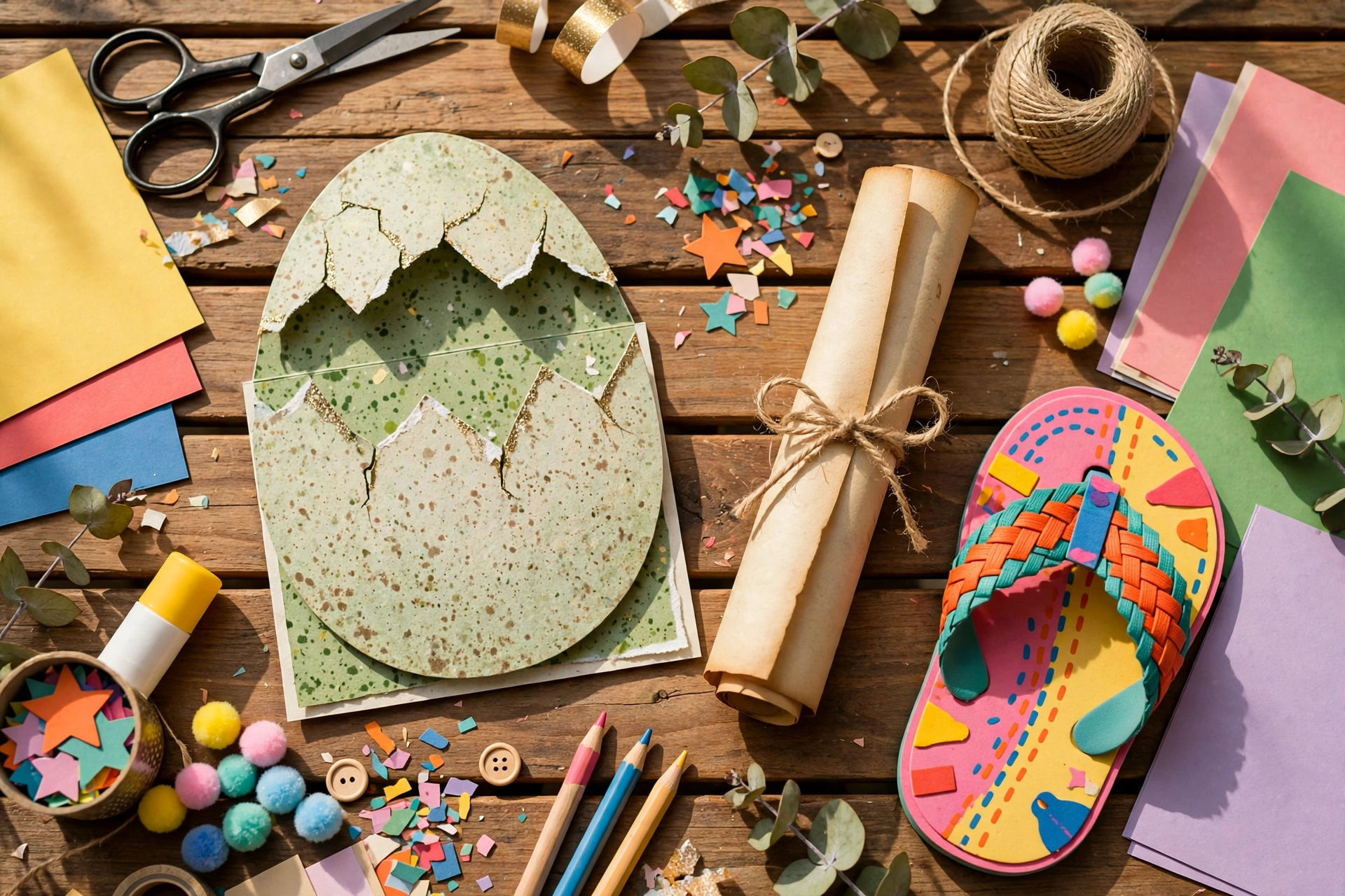 Selbstgebastelte Einladungskarten für Kindergeburtstag: Dino-Ei und Schatzkarte auf Holztisch