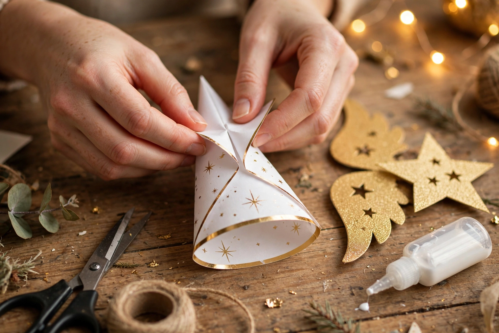 Engel aus Tannenzapfen mit goldenen Flügeln und Holzkugel-Kopf in der Hand