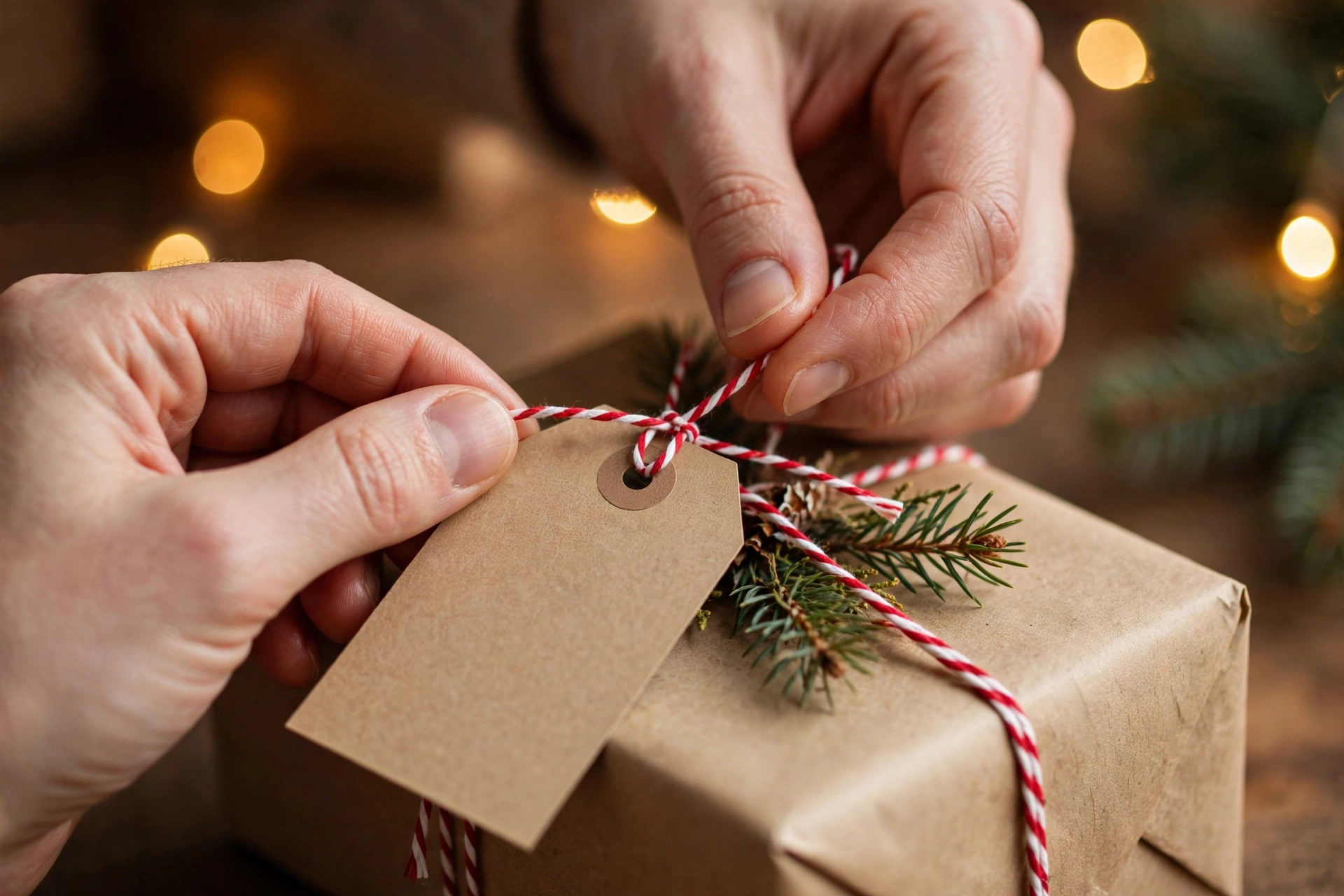 Geschenkanhänger aus Kraftpapier mit Band an einem Weihnachtsgeschenk
