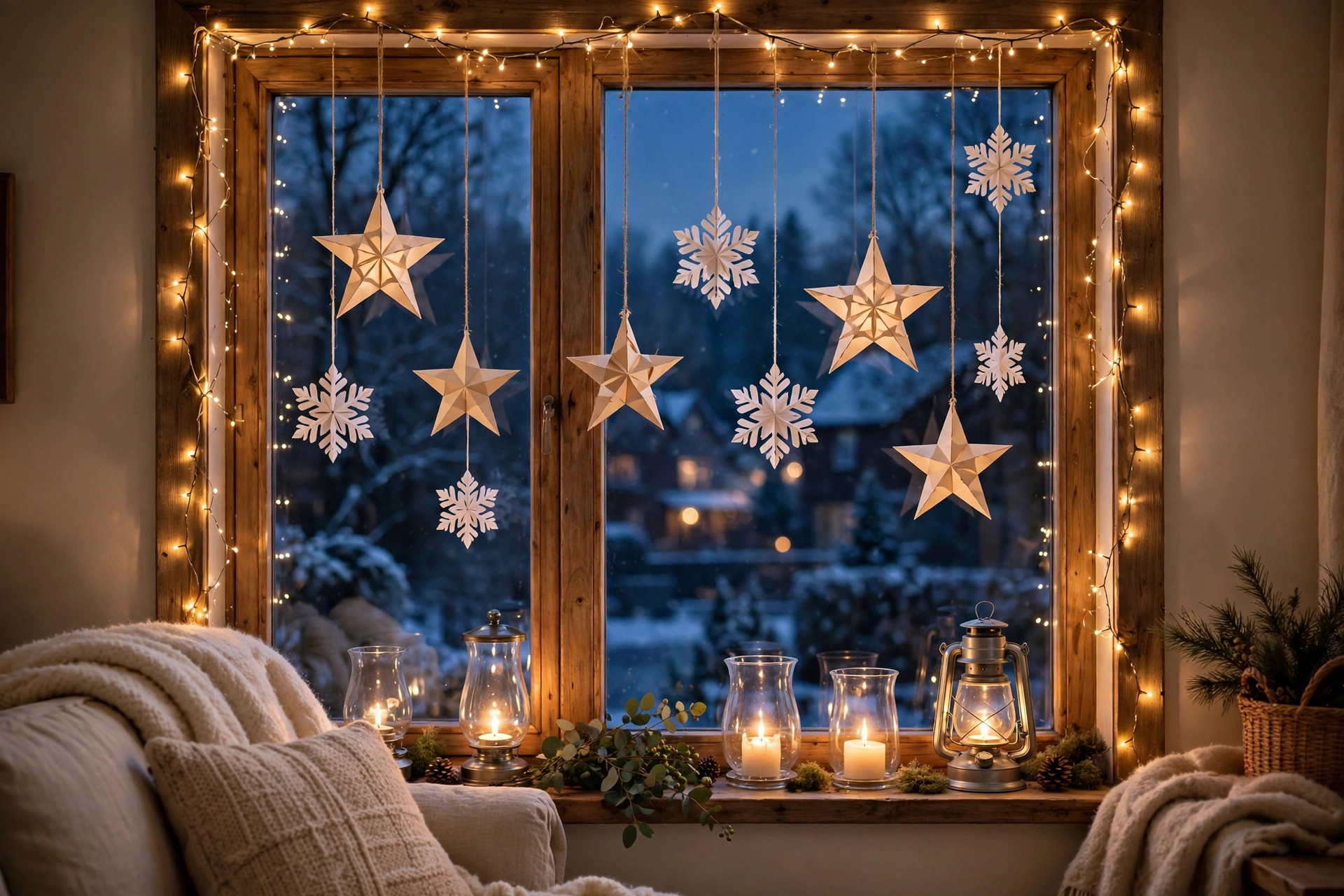 Festlich dekoriertes Wohnzimmerfenster zu Weihnachten mit Papiersternen, Schneeflocken und leuchtenden Windlichtern auf der Fensterbank