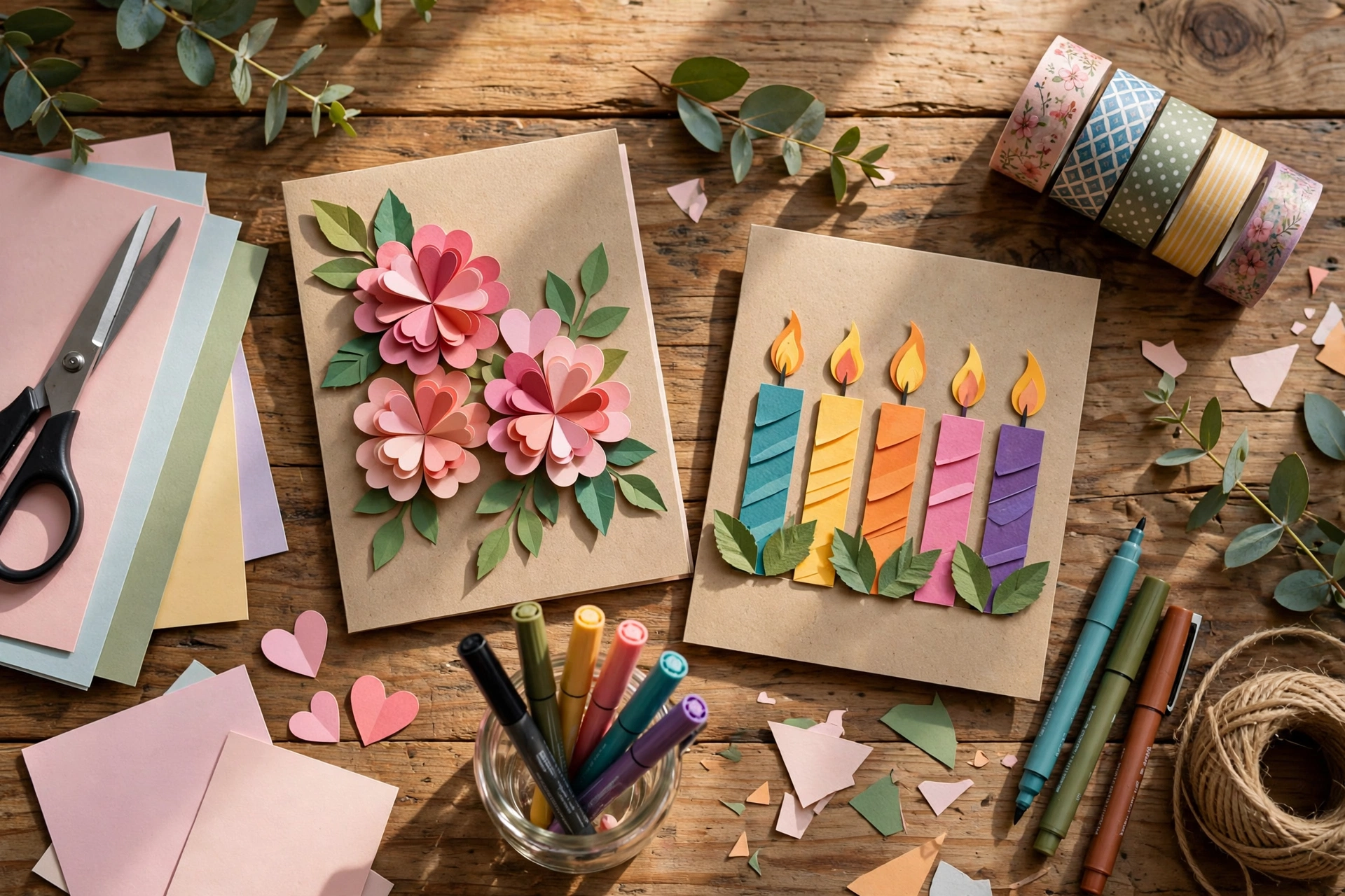 Selbstgebastelte Geburtstagskarten mit Papierblumen aus Herzen auf Holztisch