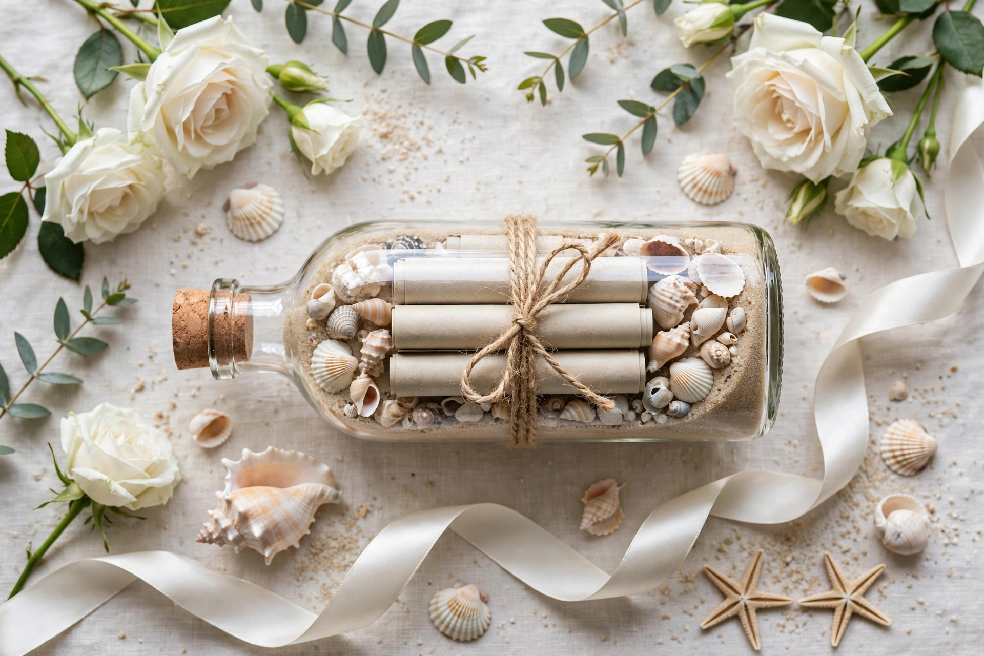 Edel verpacktes Geldgeschenk zur Hochzeit als Flaschenpost mit Sand und Muscheln