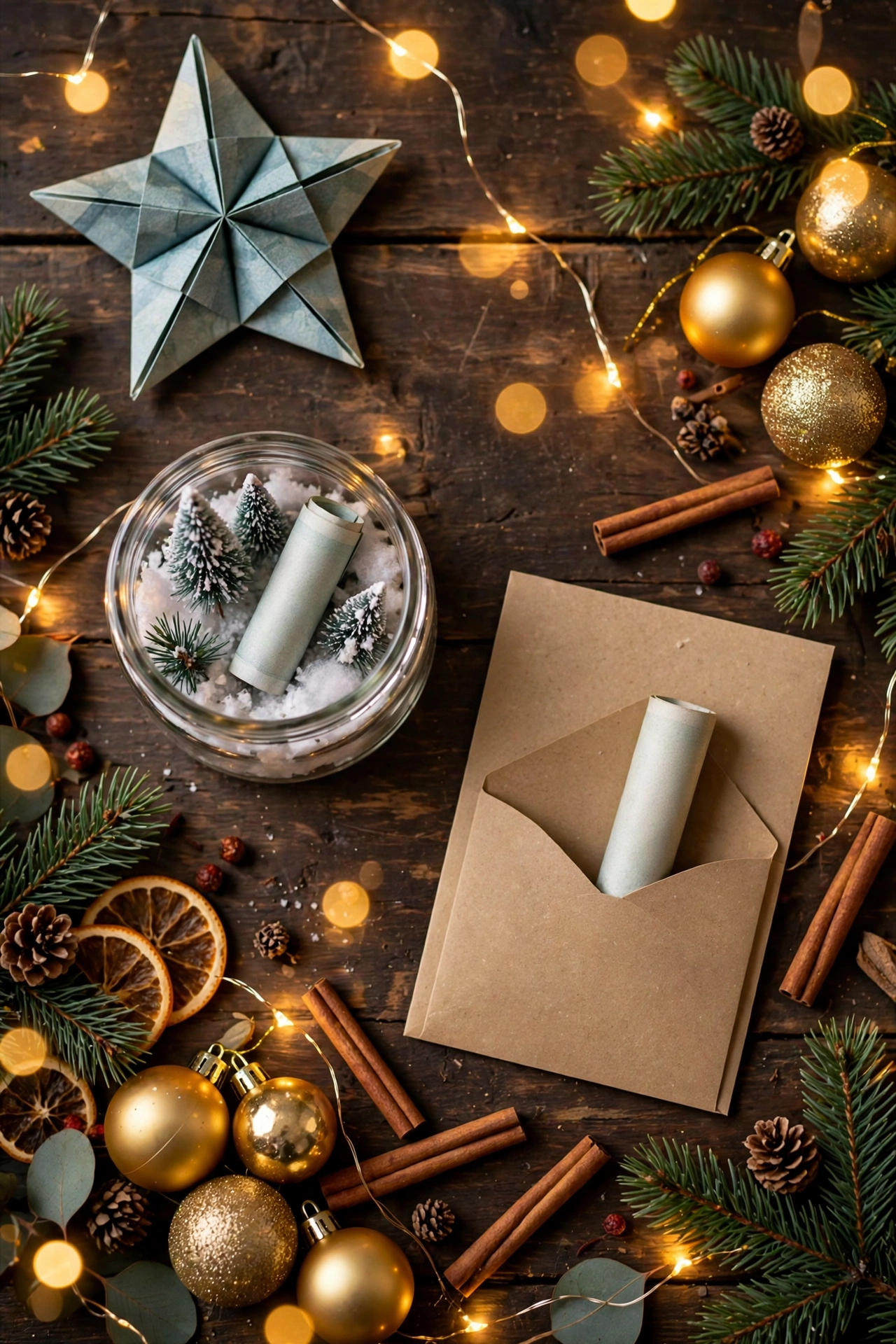 Kreativ verpacktes Geldgeschenk zu Weihnachten: gefalteter Geldschein-Stern mit Tannenzweigen