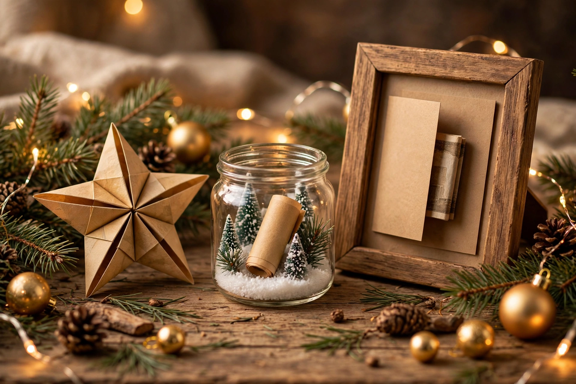 Kreativ verpacktes Geldgeschenk zu Weihnachten: gefalteter Geldschein-Stern mit Tannenzweigen