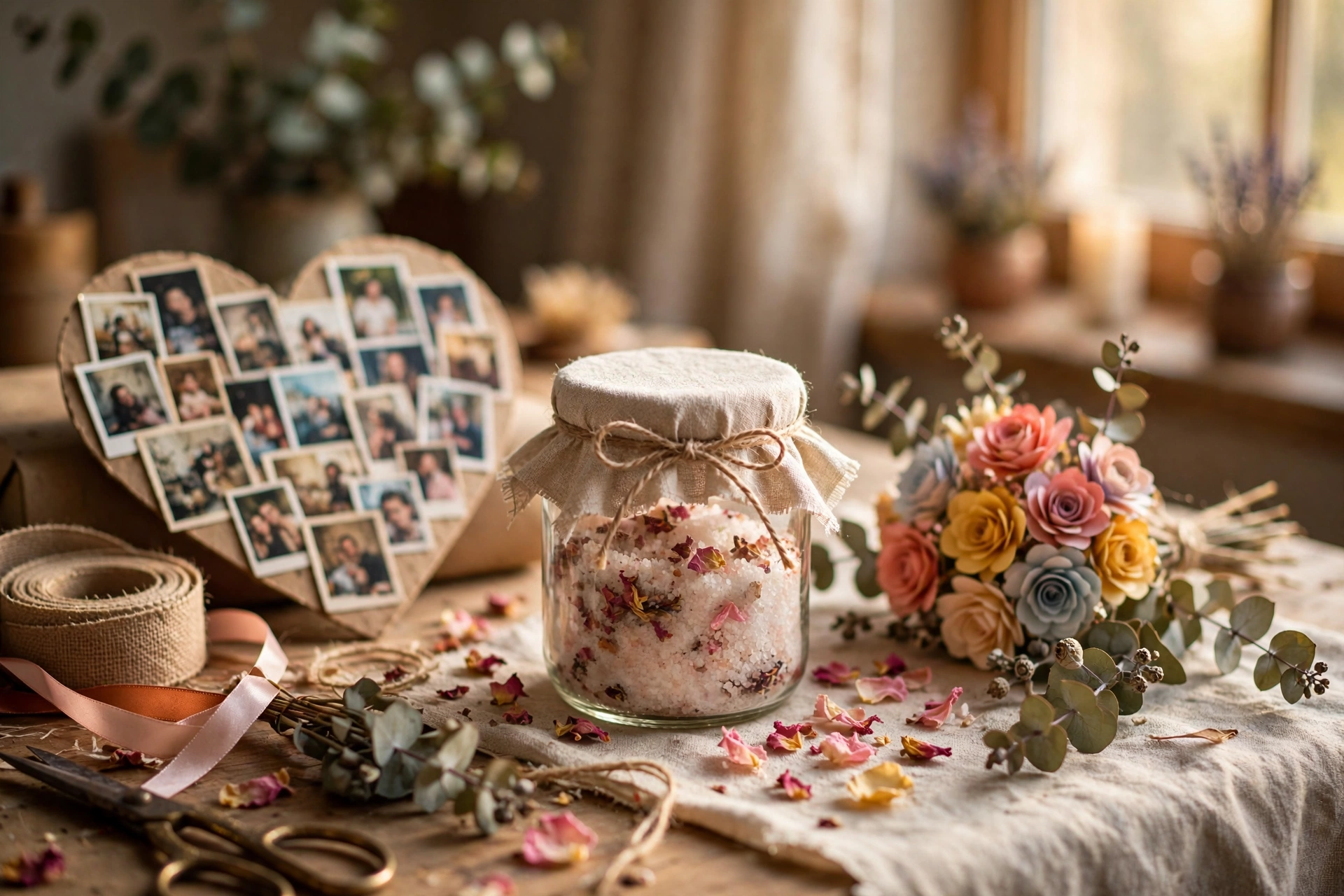 Selbstgebastelte Geschenke für Mama: Badesalz im Glas, Fotocollage und Papierblumen auf einem Tisch
