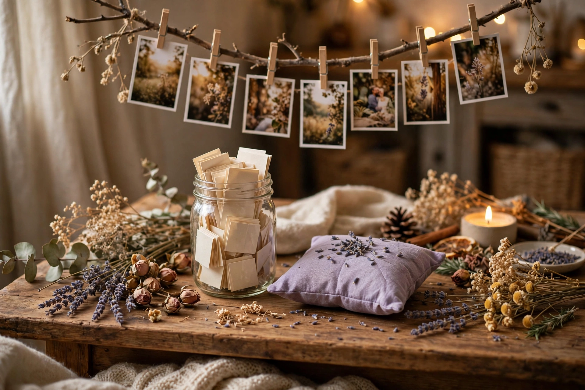Herzliche selbstgebastelte Geschenke für Oma: Erinnerungsglas, Fotogirlande und Duftkissen auf einem Holztisch