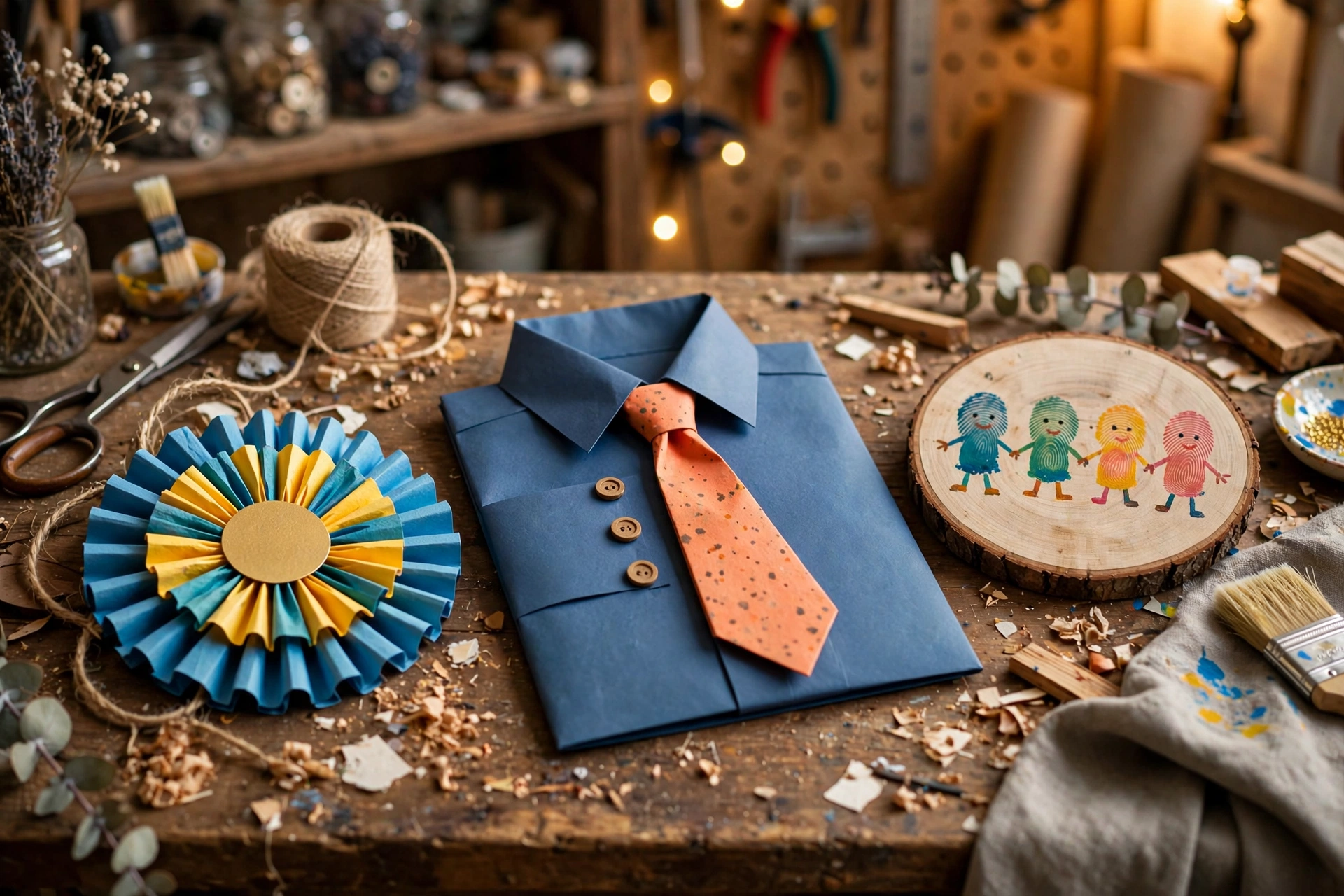 Selbstgebastelte Geschenke für Papa: Orden aus Papier, Hemd-Karte und Holzscheibe auf einem Werktisch