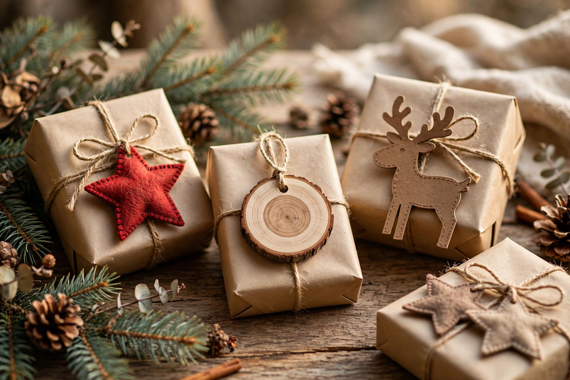 Weihnachtsgeschenke mit selbst gebastelten Geschenkanhängern aus Papier, Filz und Holz auf rustikalem Tisch