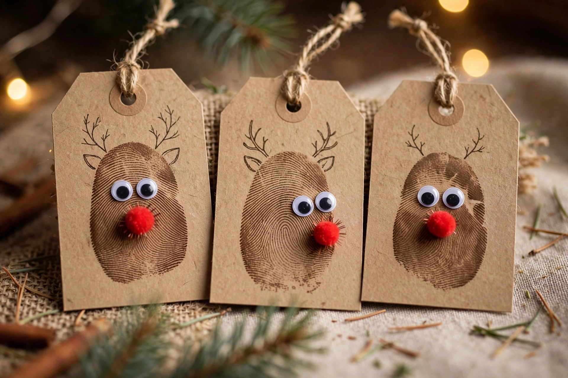 Rentier-Geschenkanhänger mit braunem Daumenabdruck