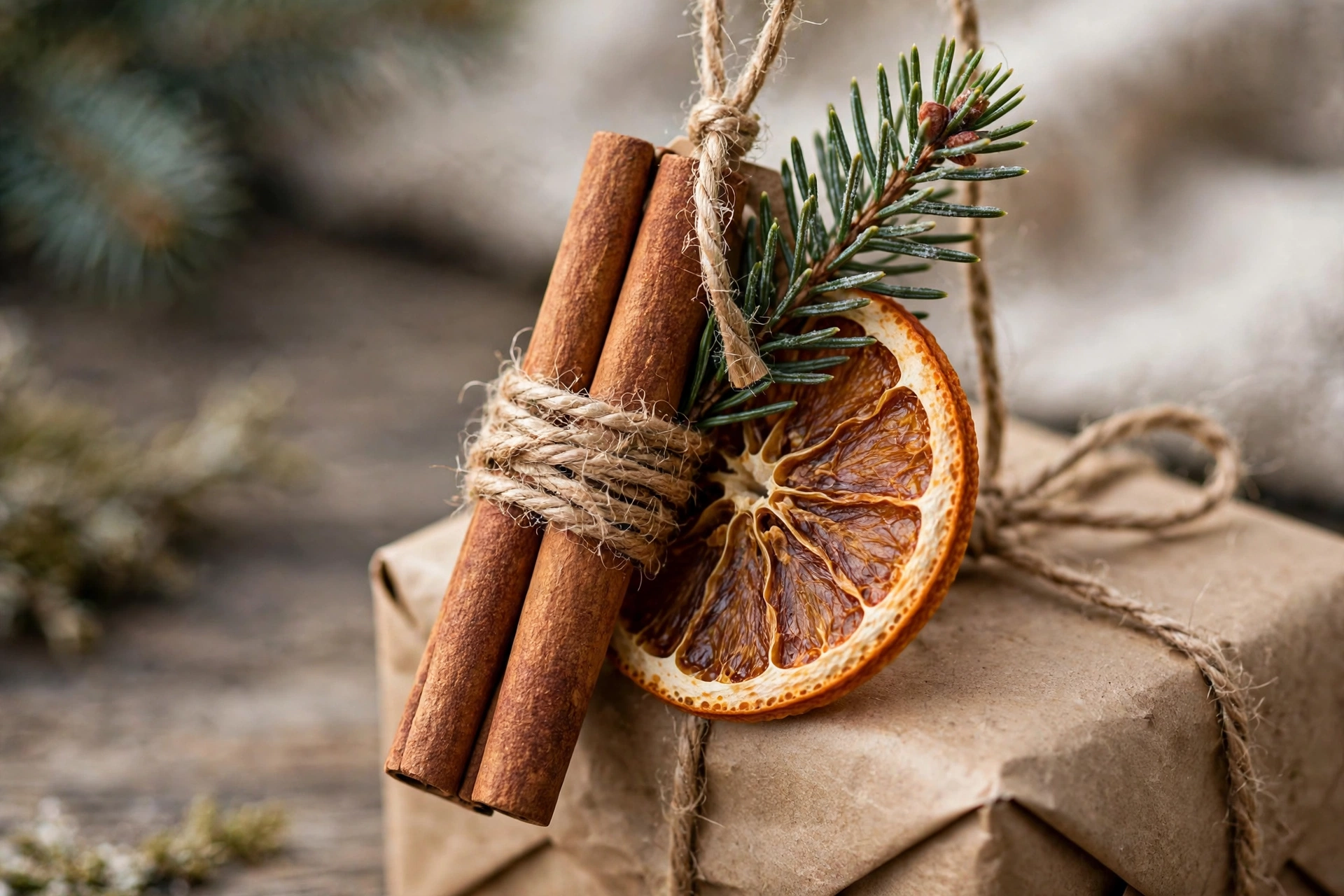 Geschenkanhänger aus Zimtstangen mit getrockneter Orangenscheibe