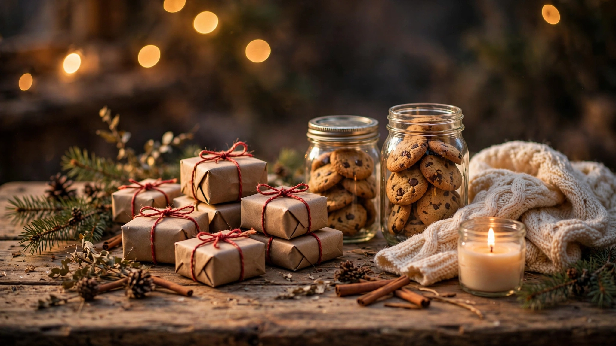 Selbstgemachte Weihnachtsgeschenke auf einem Holztisch: verpackte Päckchen, Keksgläser, Strickschal und Kerze im warmen Lichterglanz