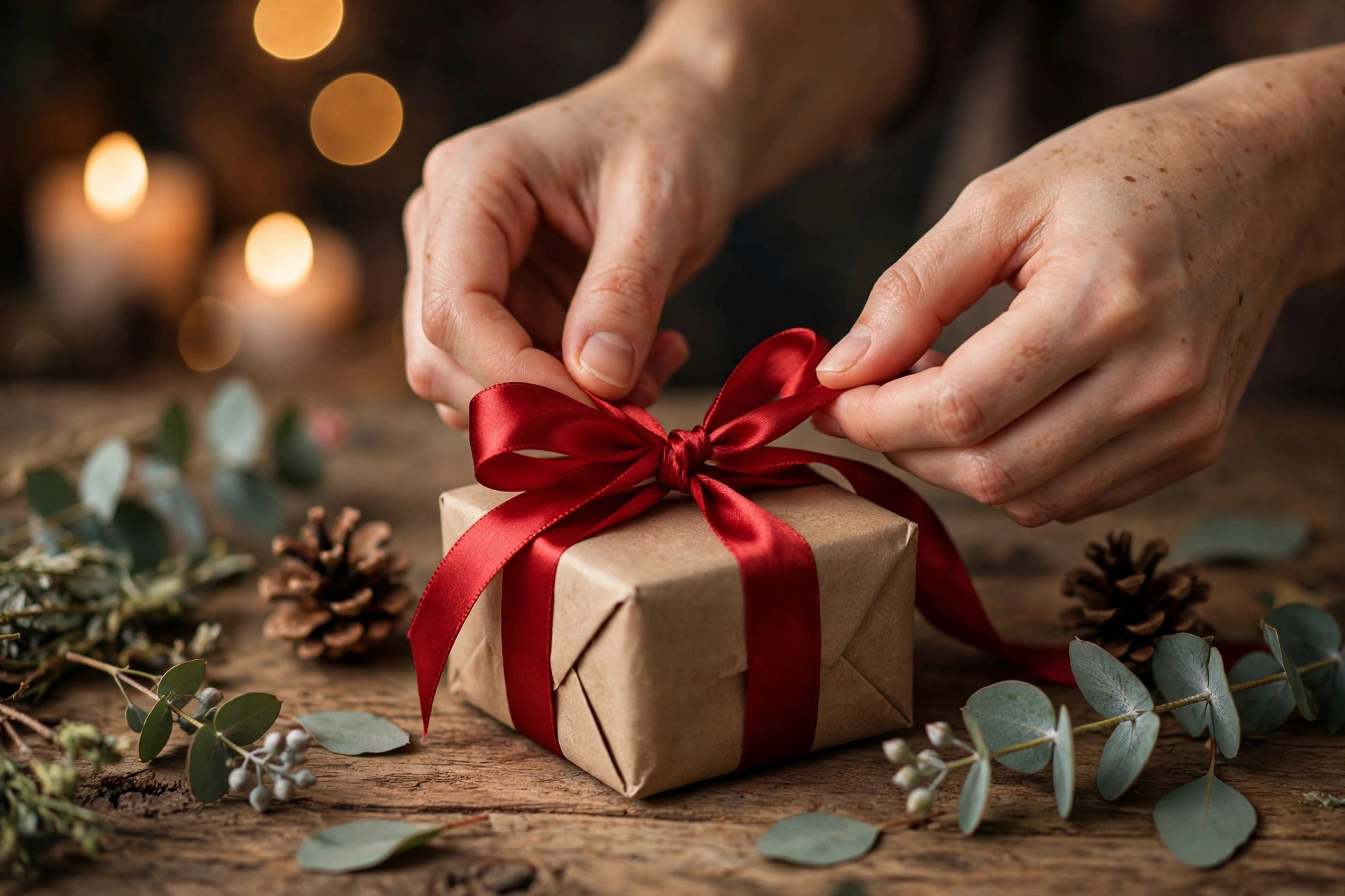 Hände binden eine rote Schleife um ein in Packpapier verpacktes Weihnachtsgeschenk