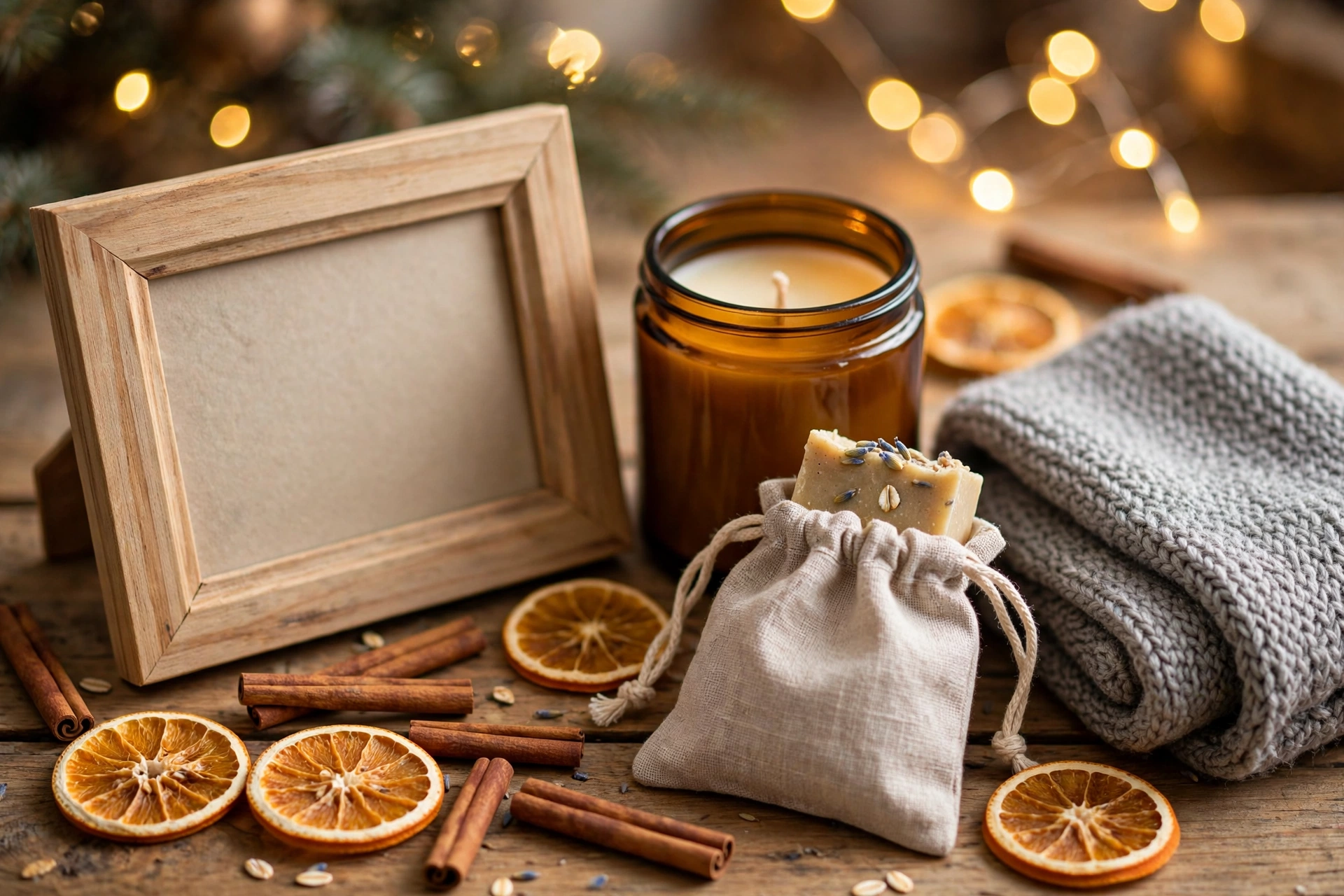 Selbstgemachte Wellnessgeschenke: Bilderrahmen, Duftkerze, Seife im Leinenbeutel und Strickschal