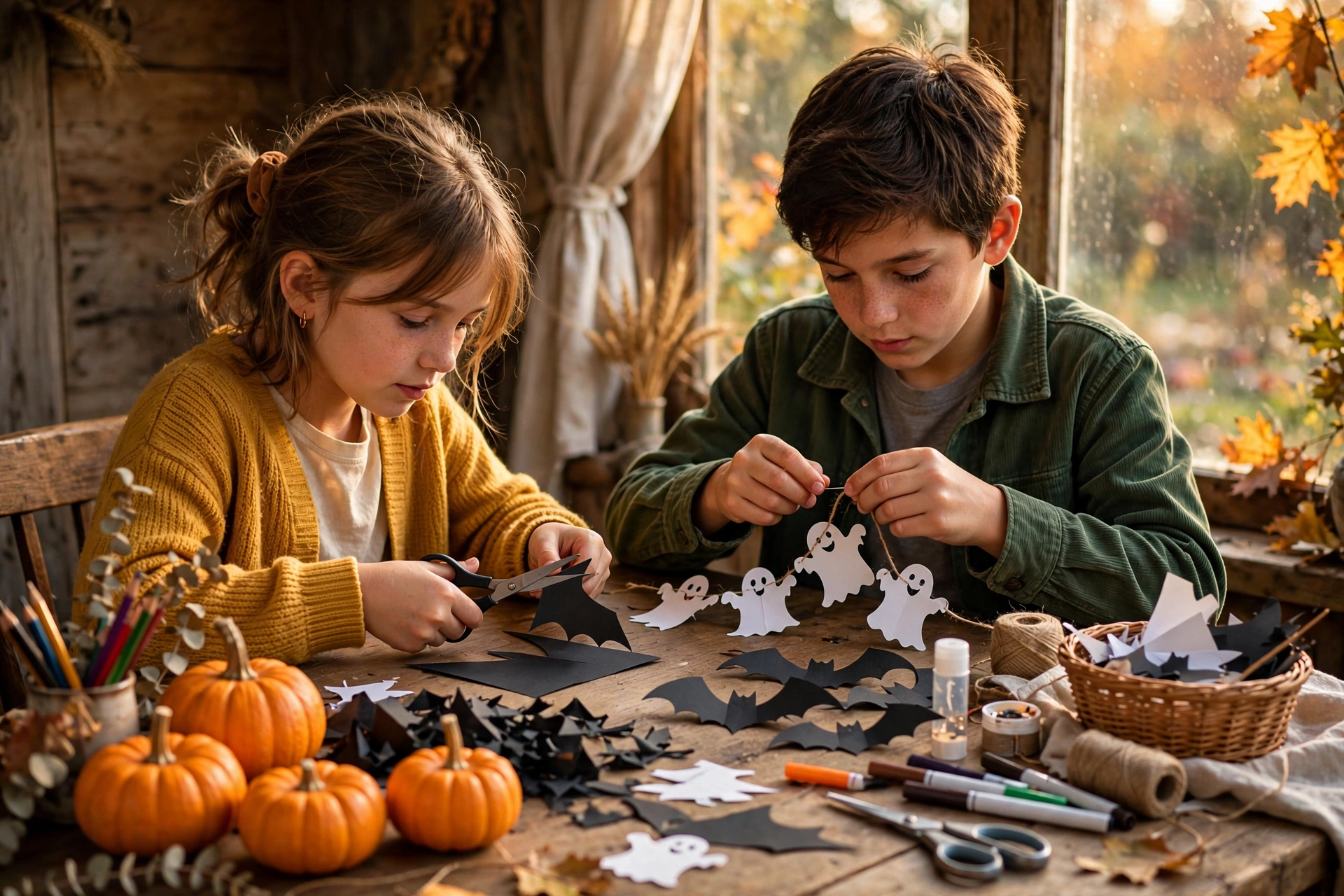 Kinder basteln Halloween-Deko: Papiergeister und Fledermäuse am Holztisch