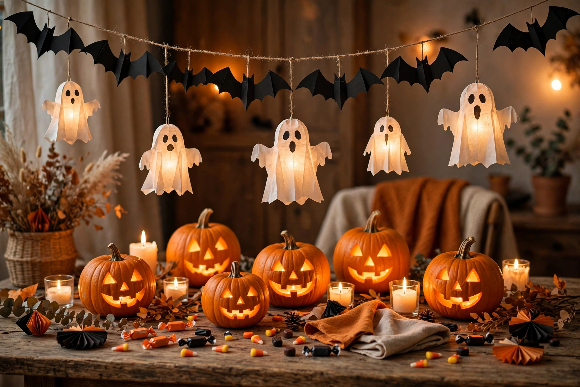 Halloween-Deko aus Papier: Kürbislaternen, Fledermaus-Girlande und leuchtende Gespenster-Lichtertüten auf einem festlich dekorierten Tisch