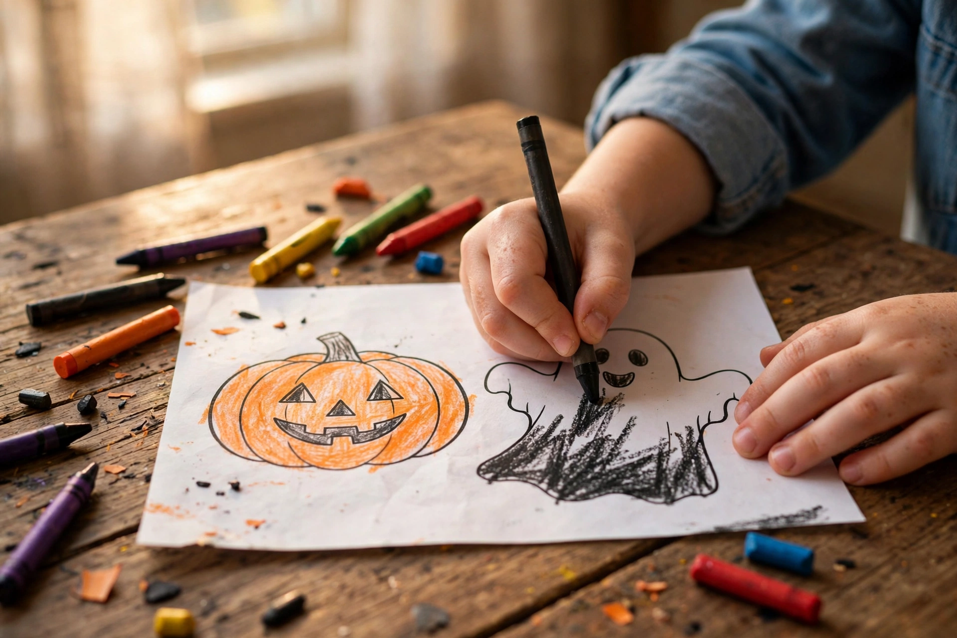 Kind malt ein Halloween-Ausmalbild mit Kürbis und Gespenst aus